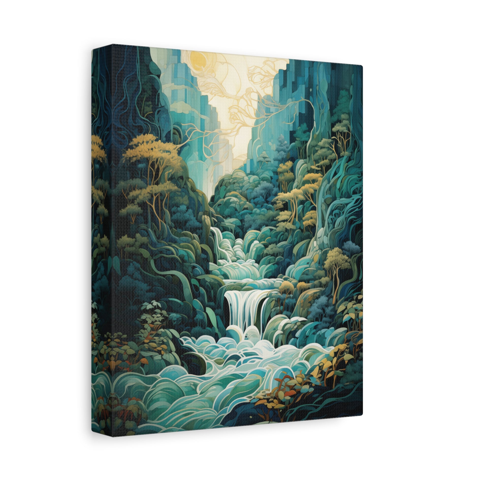 Canvas print of a lush forest scene with a waterfall on a white background