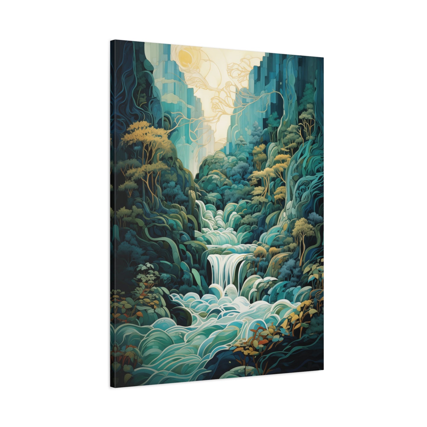 Canvas print of a lush forest scene with a waterfall on a white background