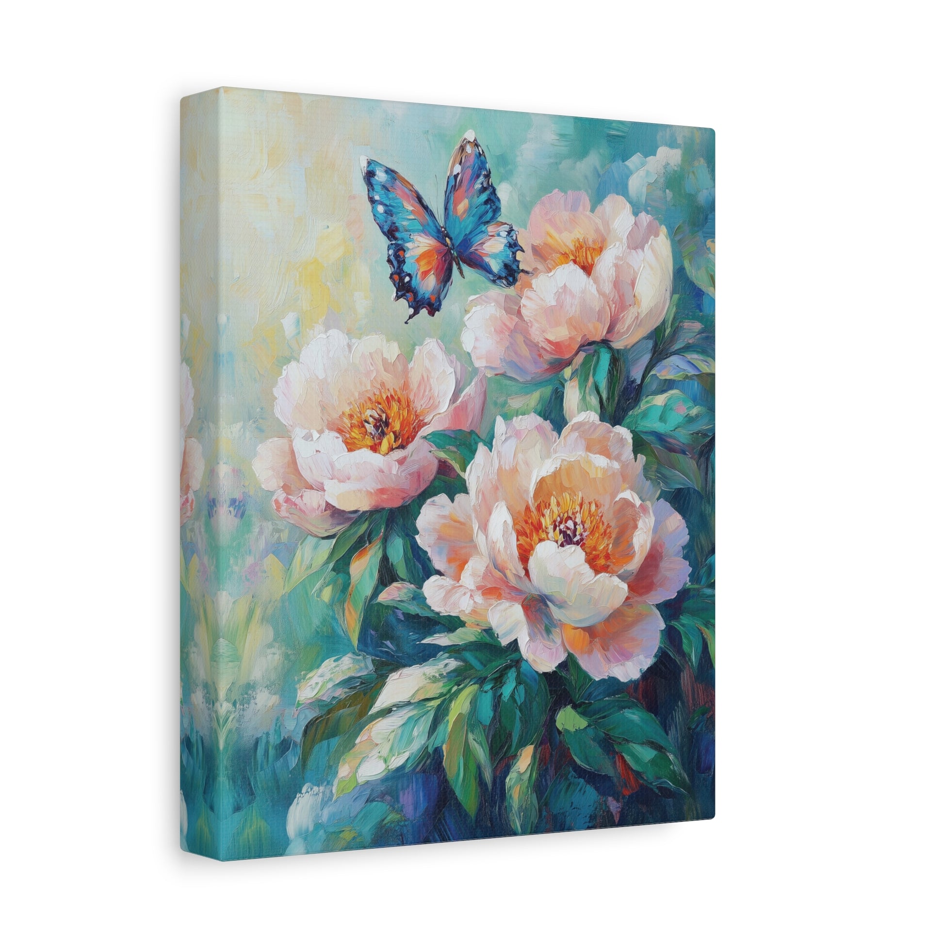 Canvas print of flowers and a butterfly on a white background