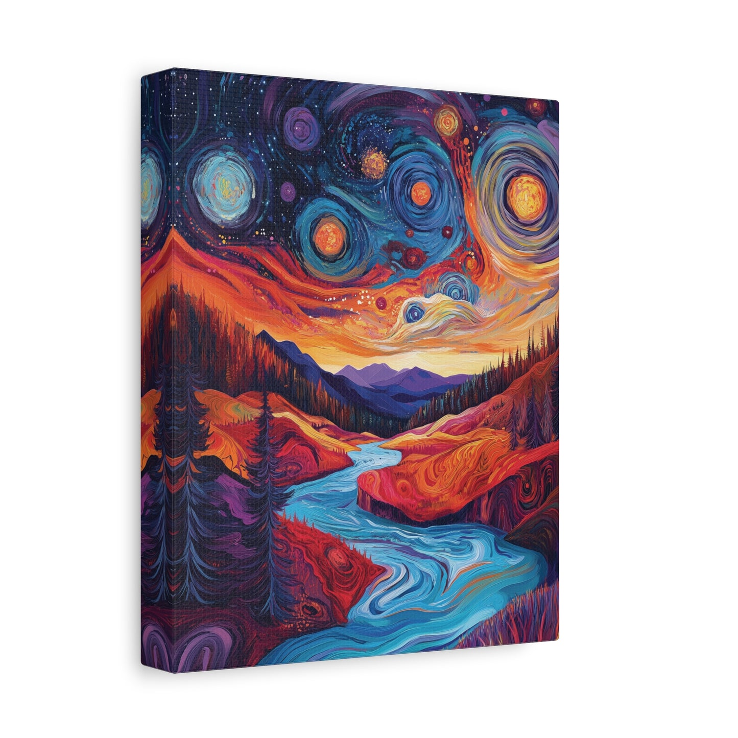 Canvas print with a stylized landscape and celestial design on a white background