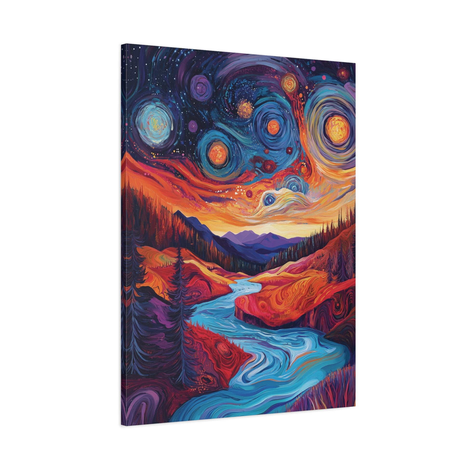 Colorful abstract landscape with swirling celestial bodies and a river flowing through mountains.