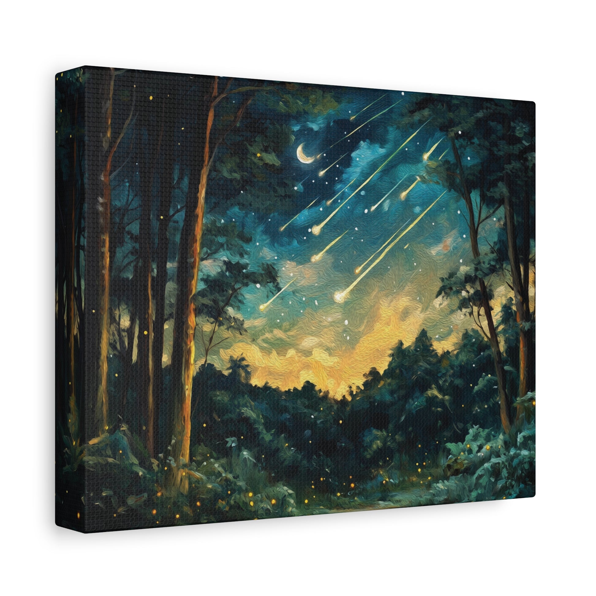 Canvas print of a forest scene with meteors and a starry sky.