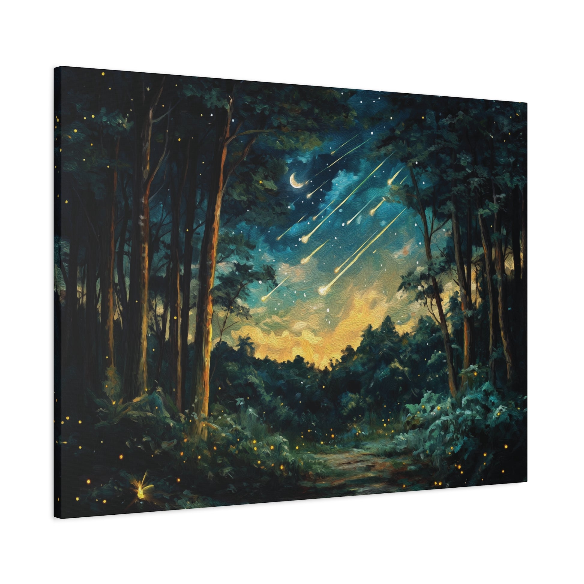 Canvas print of a night sky over a forest with meteors and stars.