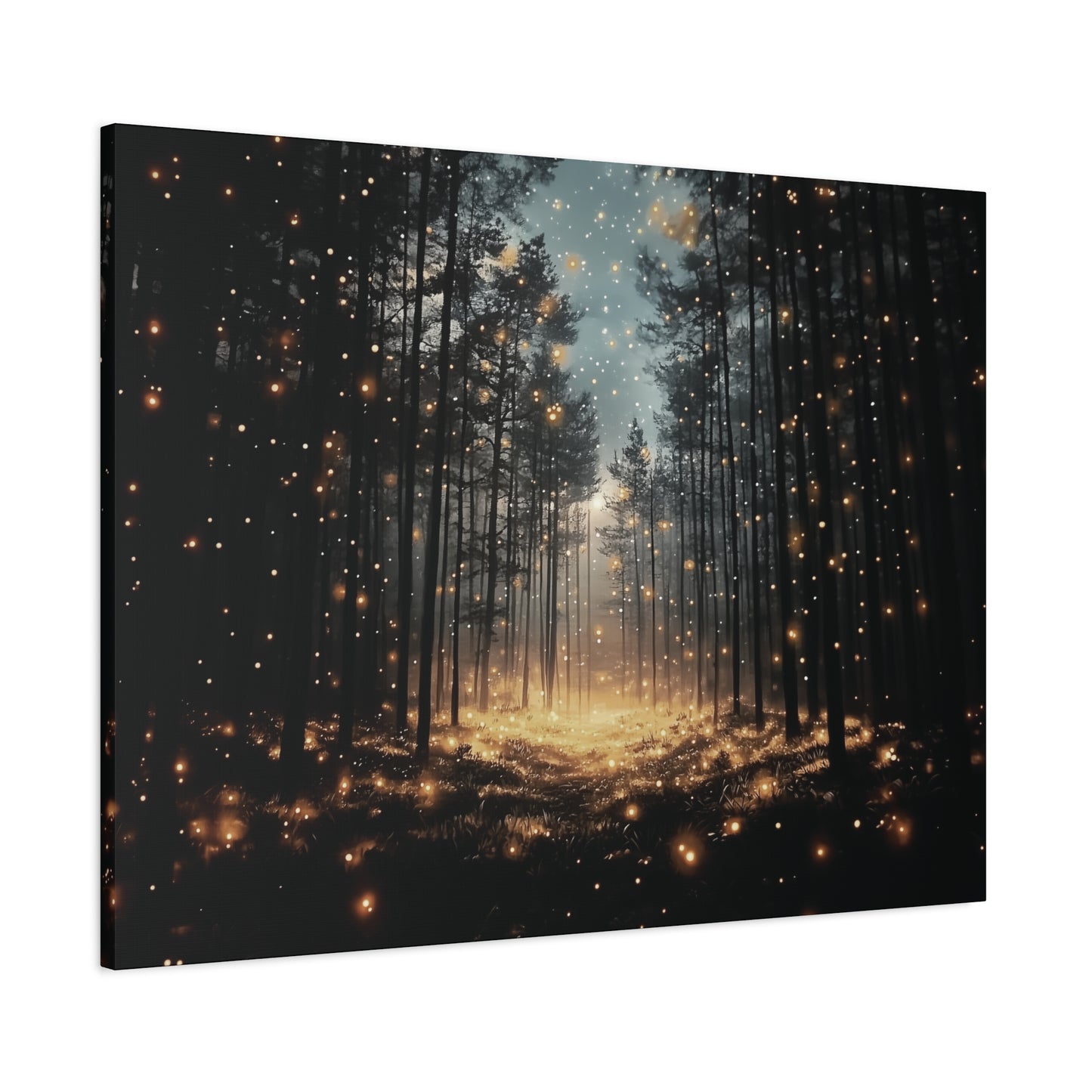 Forest scene with glowing lights on a dark background