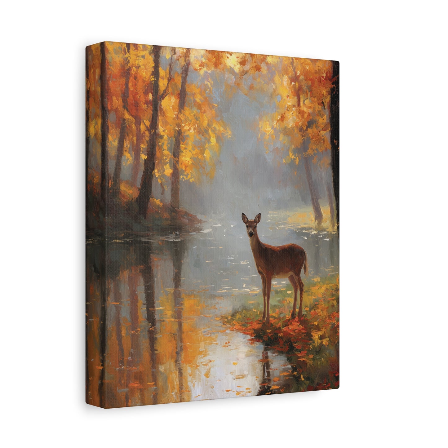 Canvas print of a deer in an autumn forest scene with trees and water.