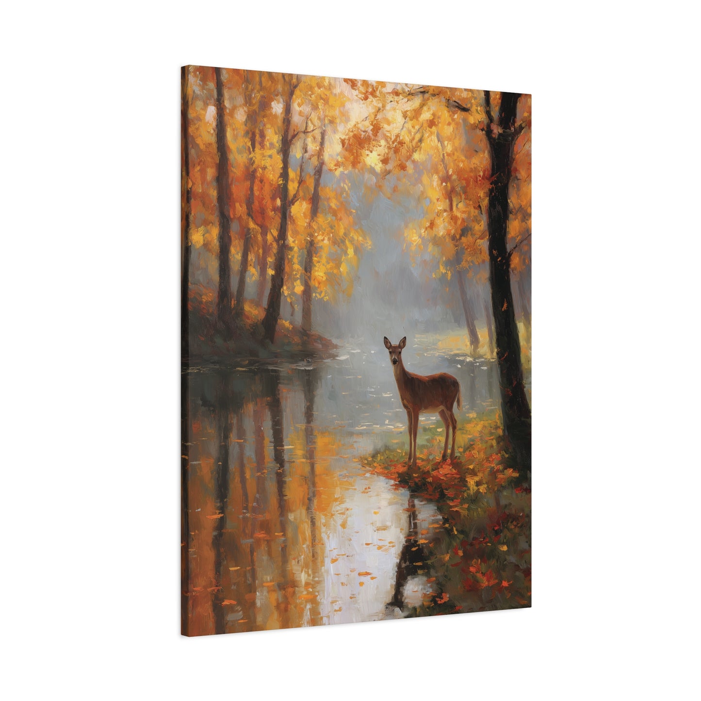 Painting of a deer standing by a reflective lake with autumn trees.