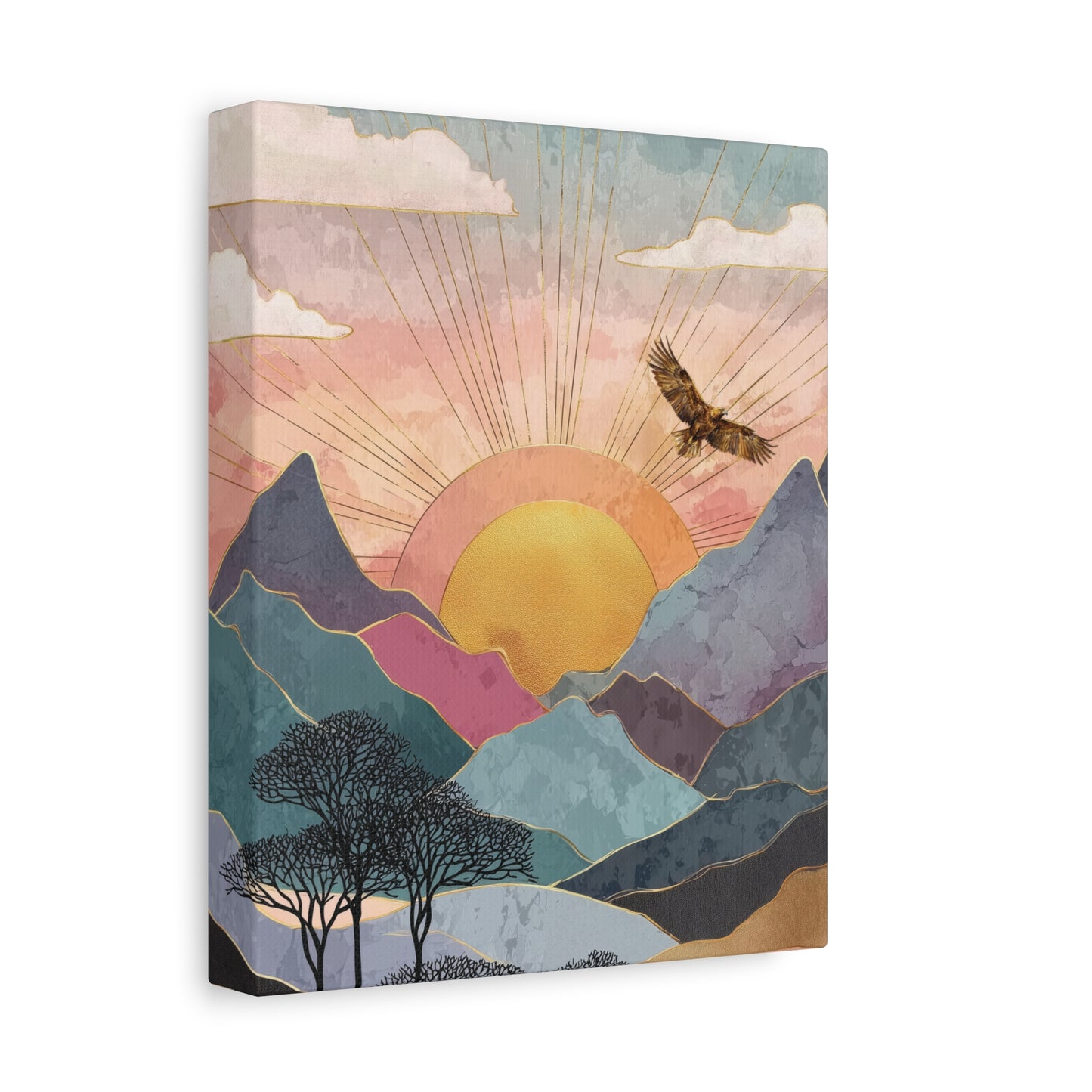 Boho Eagle Sunrise Canvas, Abstract Mountain Art Poster Print, Artistic Eagle Flying Over Mountain Wall Decor, Pastel Landscape Poster
