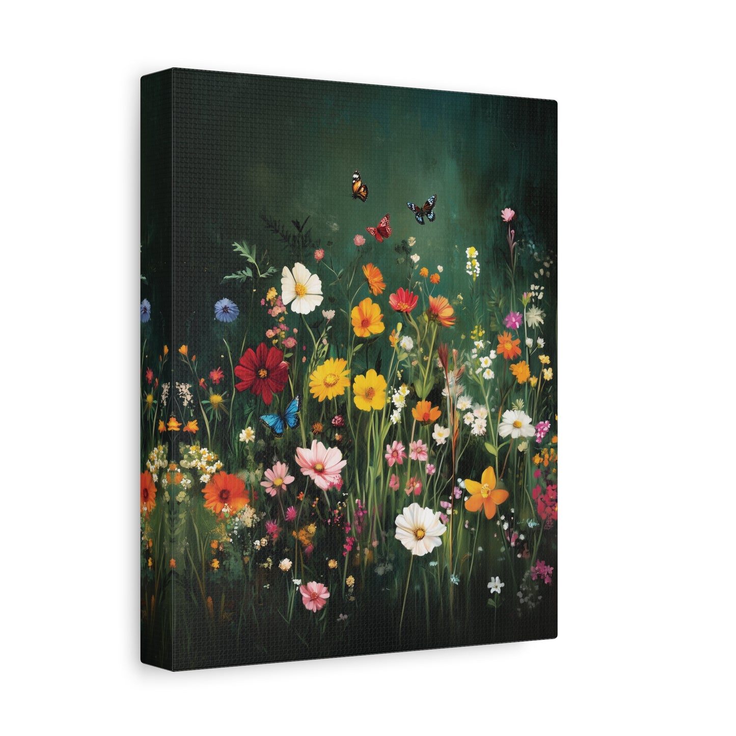 Canvas print of a colorful floral scene with butterflies on a white background