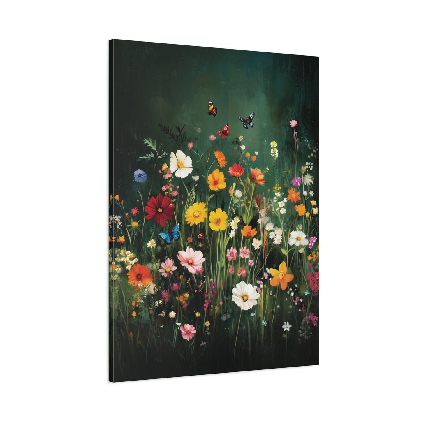 Canvas print of a colorful floral scene with butterflies on a white background