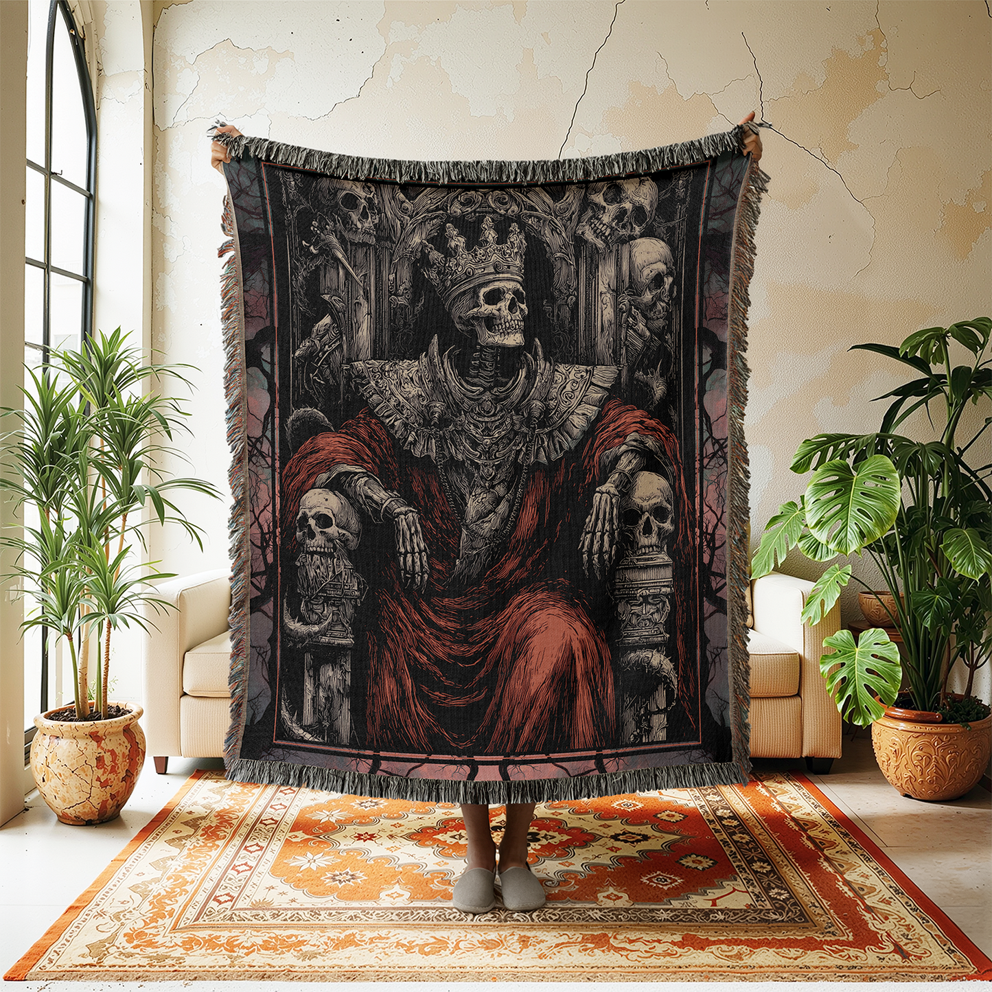Skeleton King Woven Blanket, Gothic Tapestry Wall Hanging, Medieval Goth Macabre Skull Throne Jacquard Art, Dark Academia Fantasy Throw