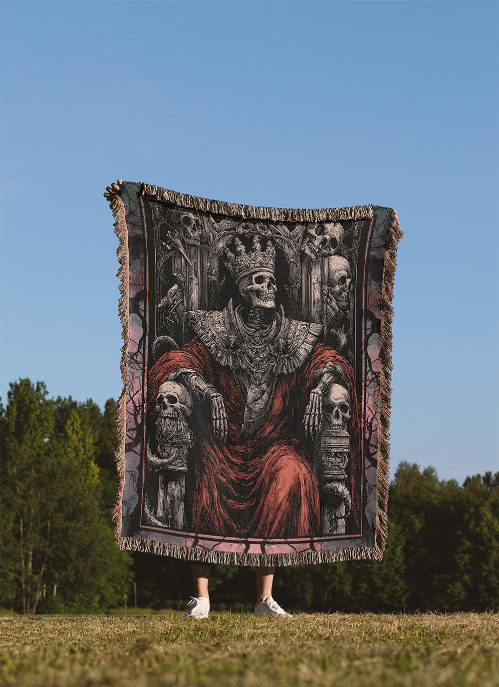 Skeleton King Woven Blanket, Gothic Tapestry Wall Hanging, Medieval Goth Macabre Skull Throne Jacquard Art, Dark Academia Fantasy Throw
