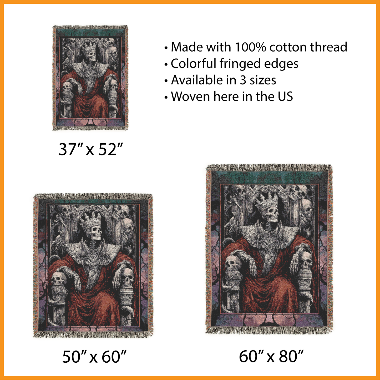Skeleton King Woven Blanket, Gothic Tapestry Wall Hanging, Medieval Goth Macabre Skull Throne Jacquard Art, Dark Academia Fantasy Throw
