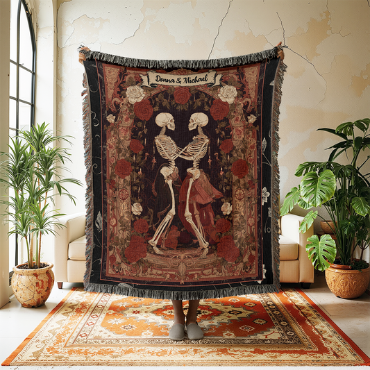 Personalized Skeleton Valentine's Gift, Custom Names Woven Blanket, Gothic Romance Jacquard Tapestry, Dark Academia Couple Throw