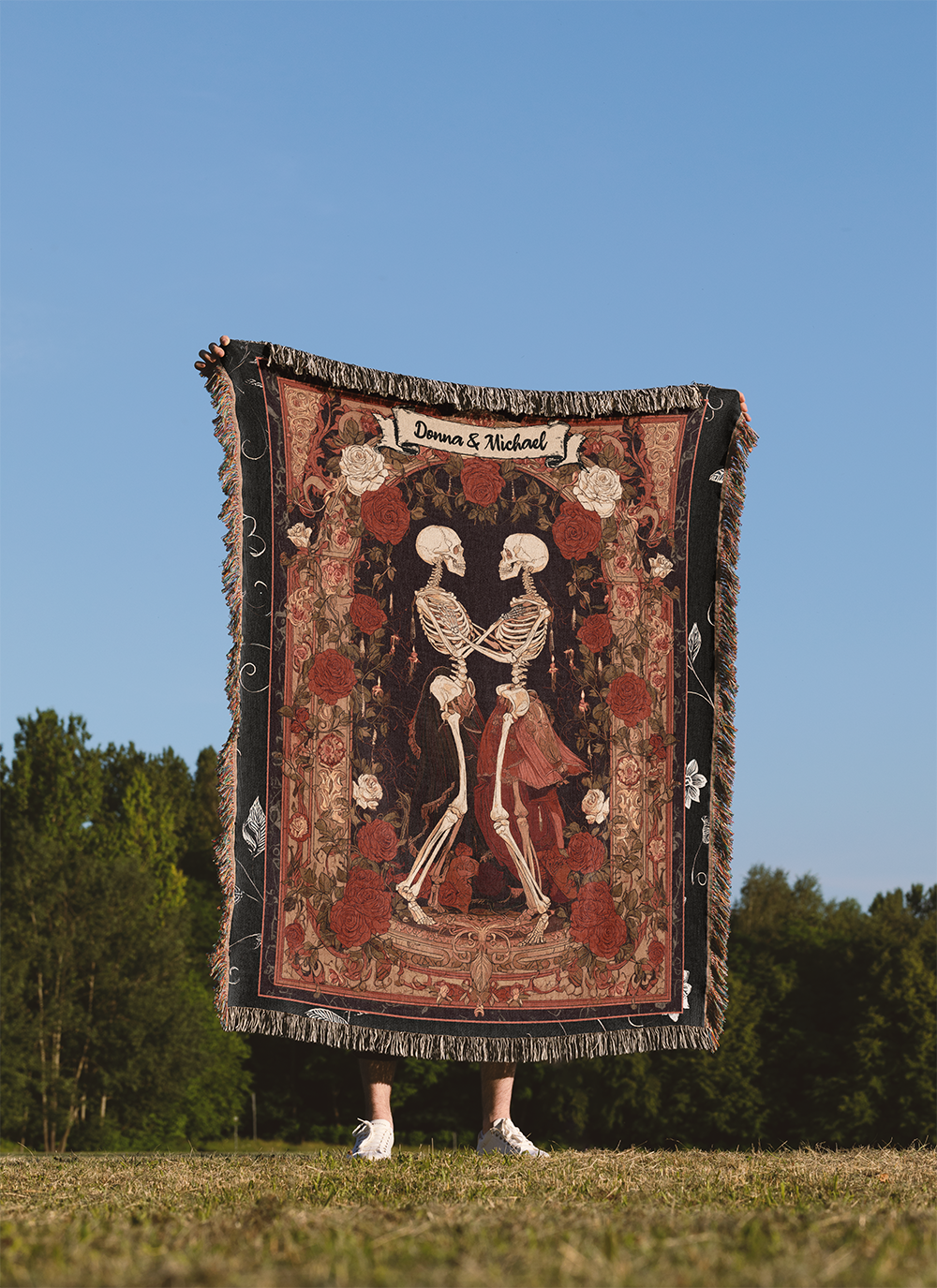 Personalized Skeleton Valentine's Gift, Custom Names Woven Blanket, Gothic Romance Jacquard Tapestry, Dark Academia Couple Throw