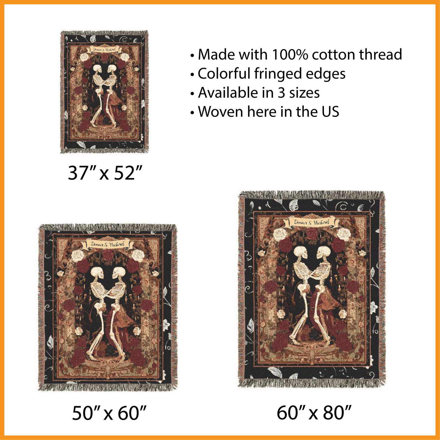 Personalized Skeleton Valentine's Gift, Custom Names Woven Blanket, Gothic Romance Jacquard Tapestry, Dark Academia Couple Throw