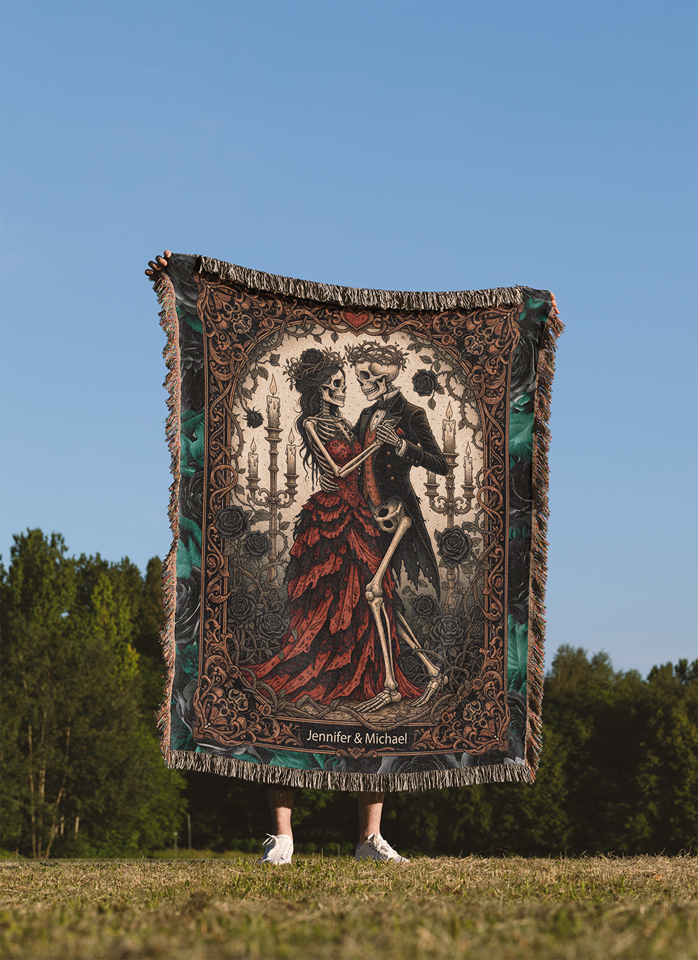 Personalized Skeleton Valentine's Gift, Custom Names Woven Blanket, Gothic Romance Tapestry, Lovely Couple Dark Academia Jacquard Throw