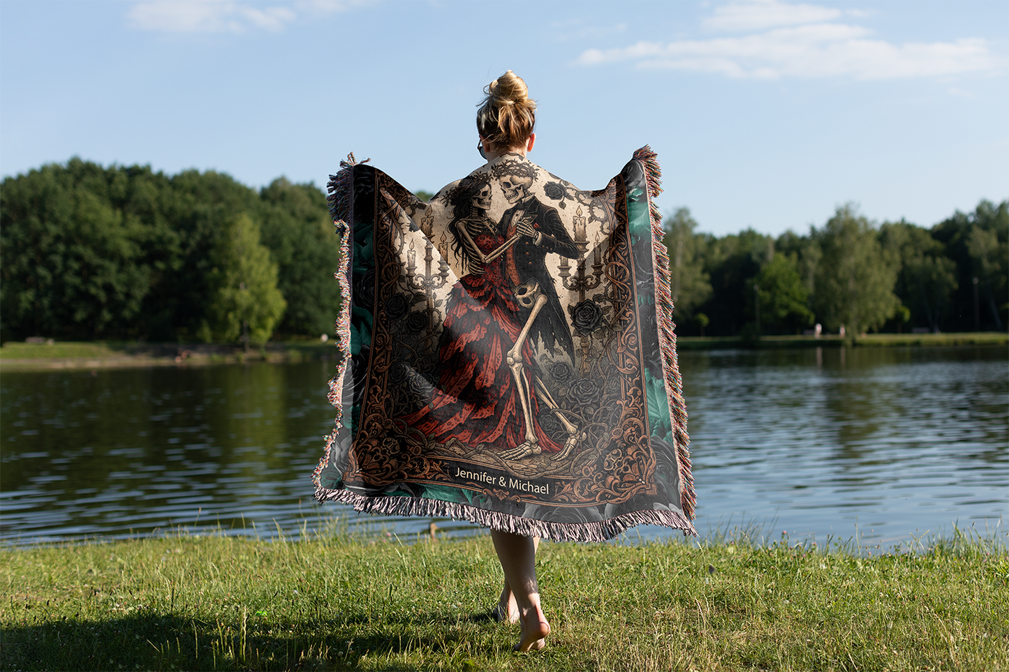 Personalized Skeleton Valentine's Gift, Custom Names Woven Blanket, Gothic Romance Tapestry, Lovely Couple Dark Academia Jacquard Throw