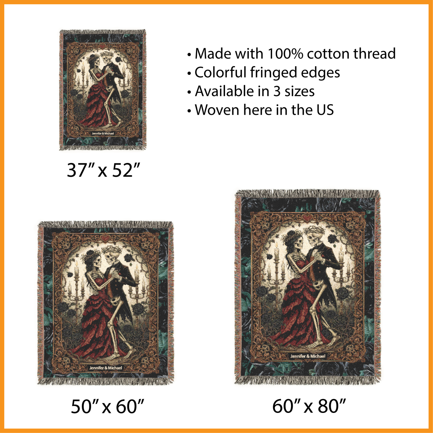 Personalized Skeleton Valentine's Gift, Custom Names Woven Blanket, Gothic Romance Tapestry, Lovely Couple Dark Academia Jacquard Throw