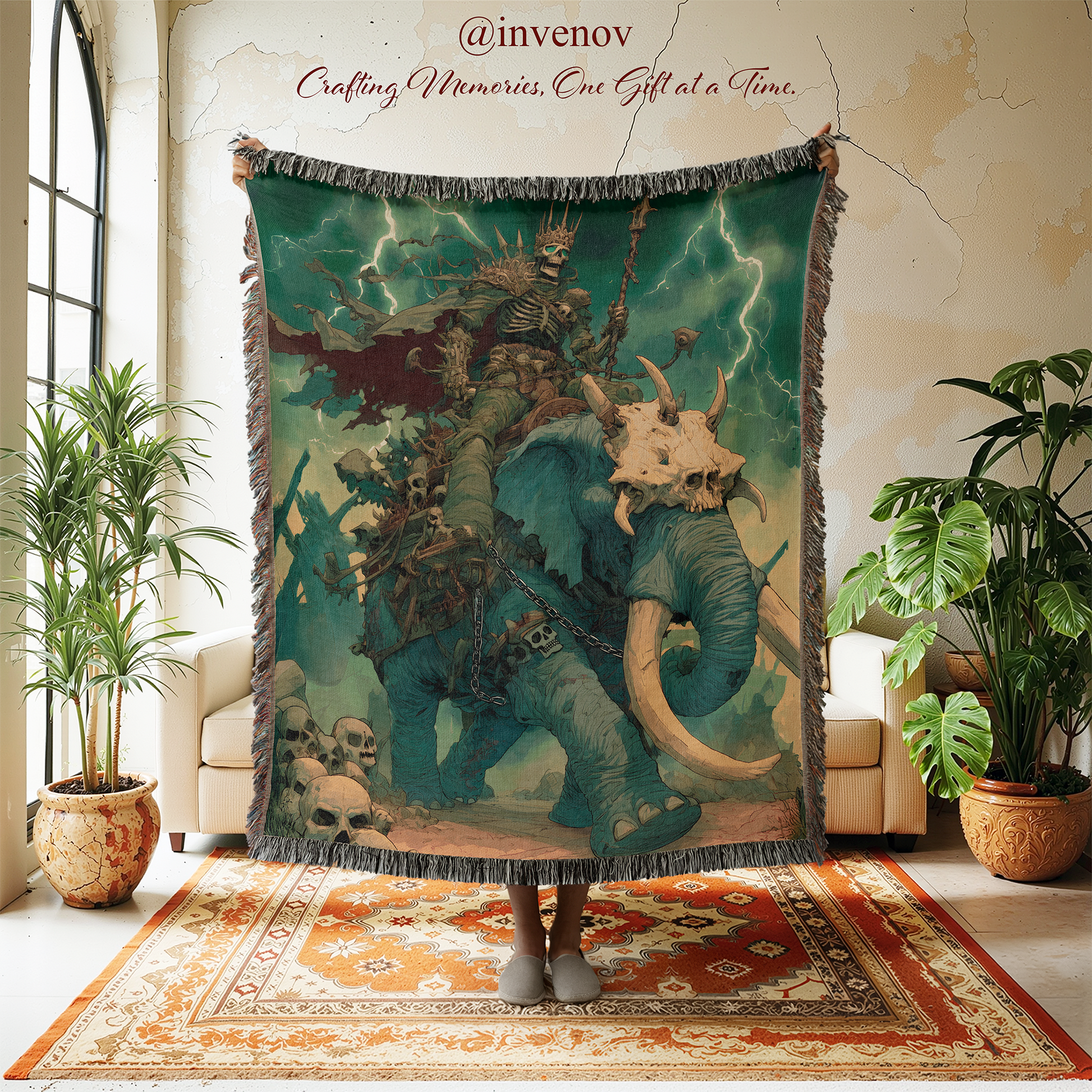 Decorative tapestry with fantasy design in a room with plants and furniture.