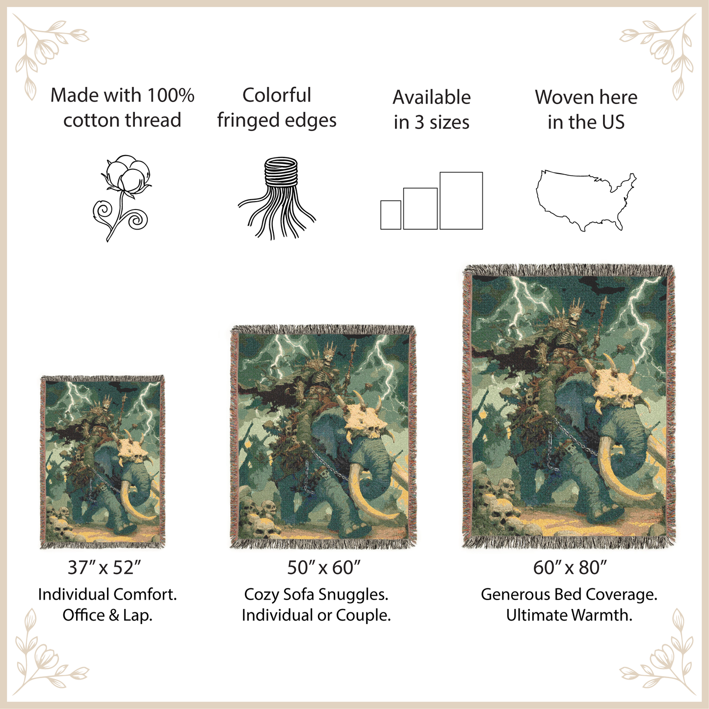 Product description of woven blankets with size options and features.