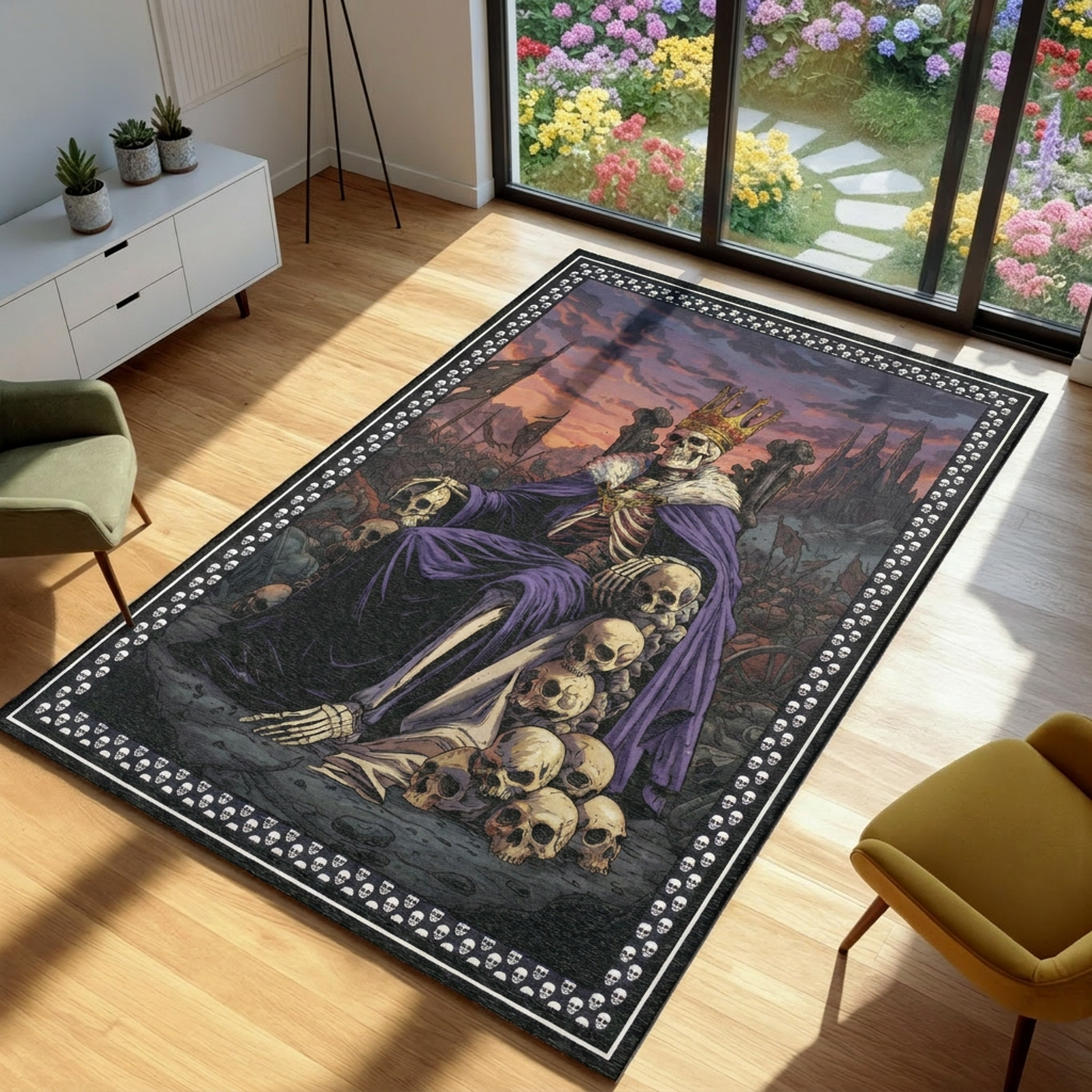 Decorative rug with a skeleton and skulls design on a wooden floor.