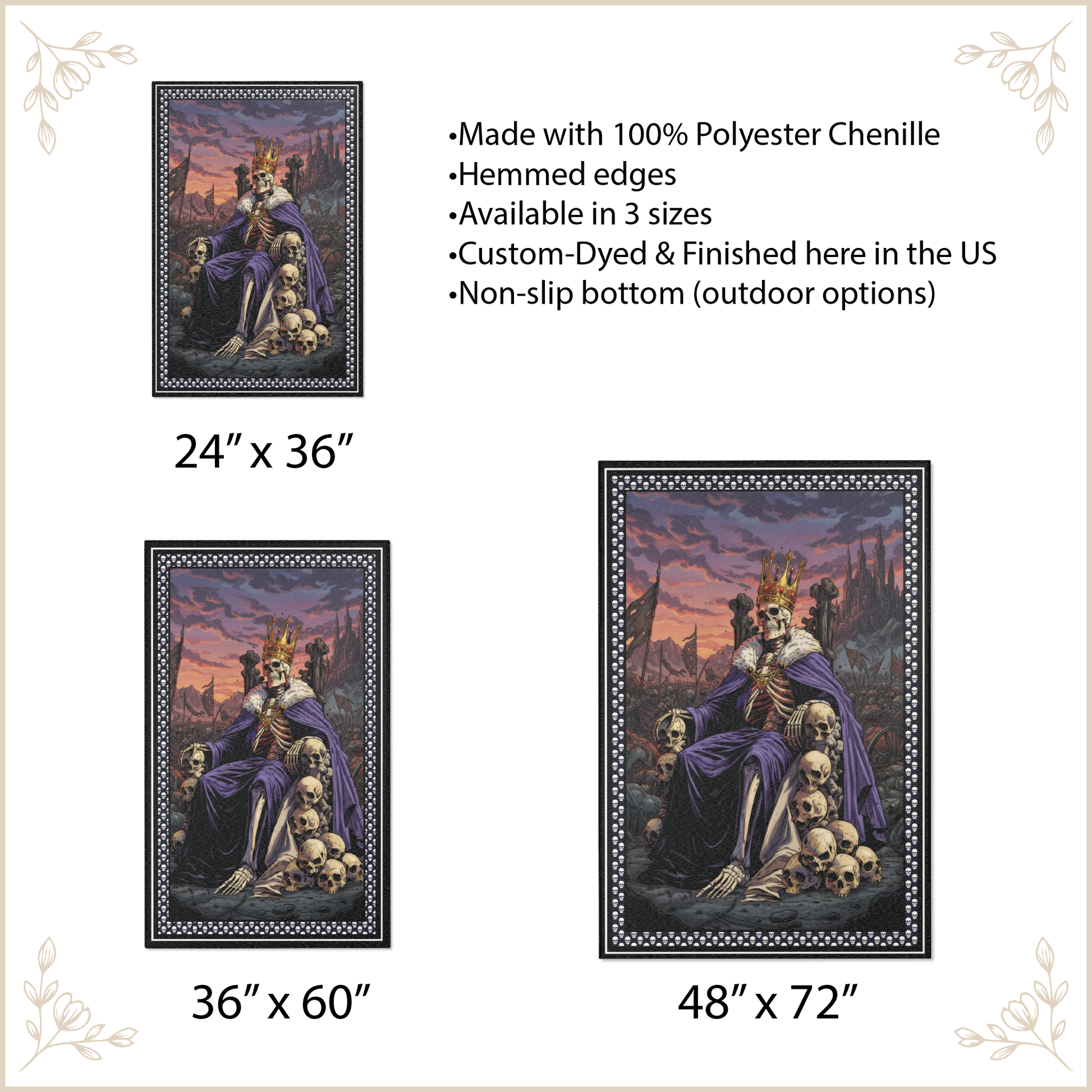Decorative area rug with a skeleton king design, shown in different sizes with product details.
