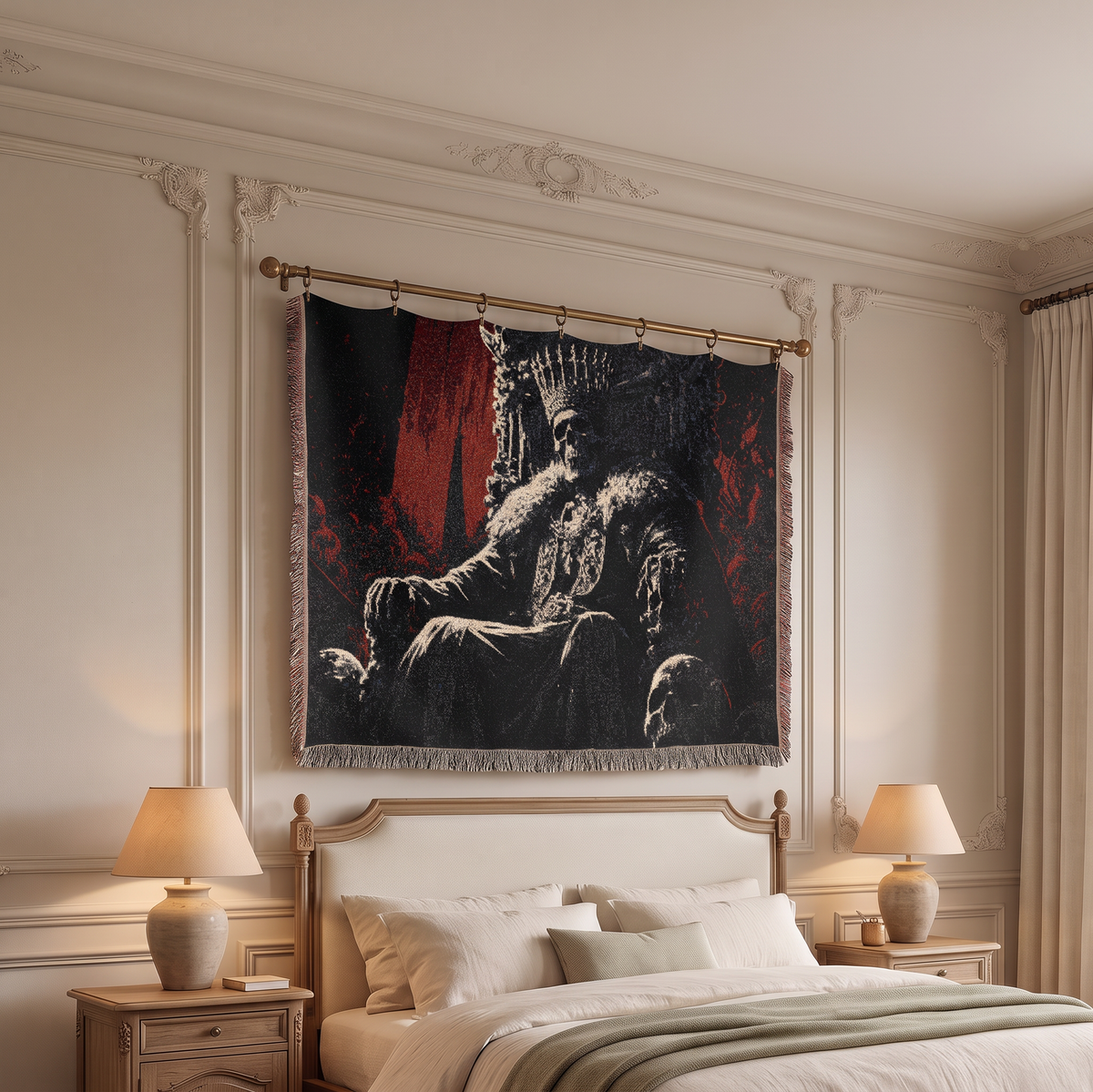A large wall tapestry featuring a dark, skeleton king seated on a throne with red and black tones, hanging above a bed in a styled bedroom with two lit bedside lamps and cream paneled walls.
