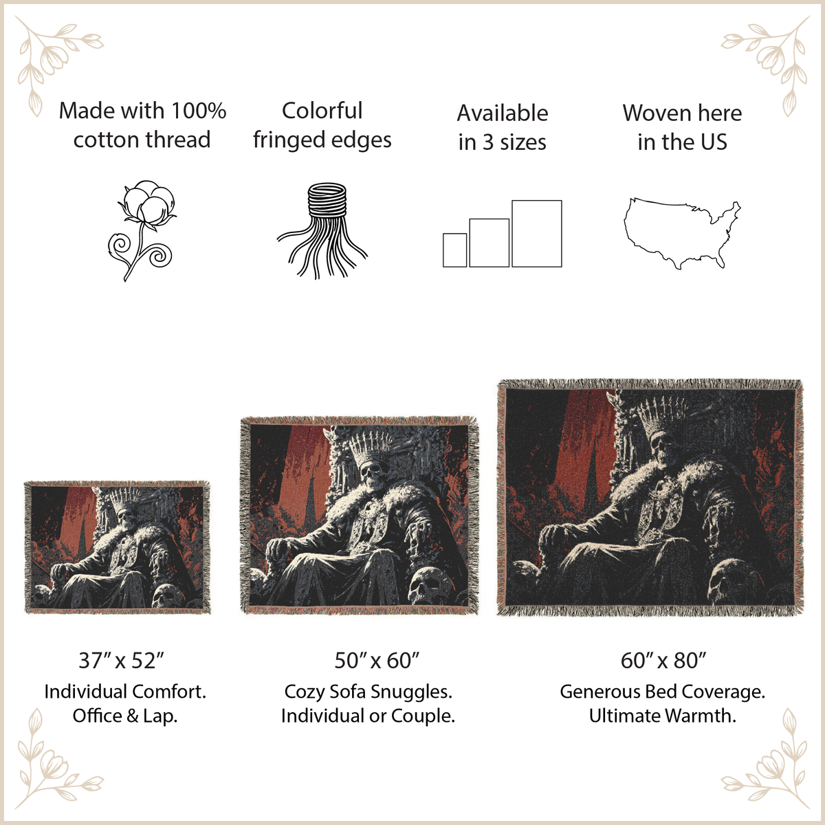 A product information graphic for a woven throw blanket featuring a dark skeleton king design. The graphic includes text and icons stating 'Made with 100% cotton thread', 'Colorful fringed edges', 'Available in 3 sizes', and 'Woven here in the US', alongside three size options: 37" x 52" (Individual Comfort), 50" x 60" (Cozy Sofa Snuggles), and 60" x 80" (Generous Bed Coverage).