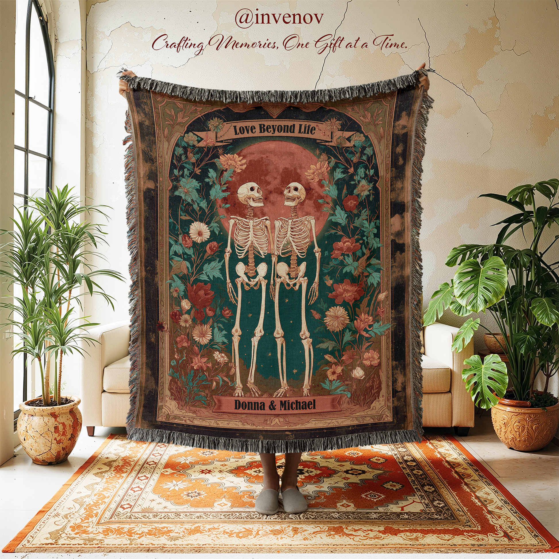 Decorative throw blanket with skeletons and floral design in a room with plants and furniture.