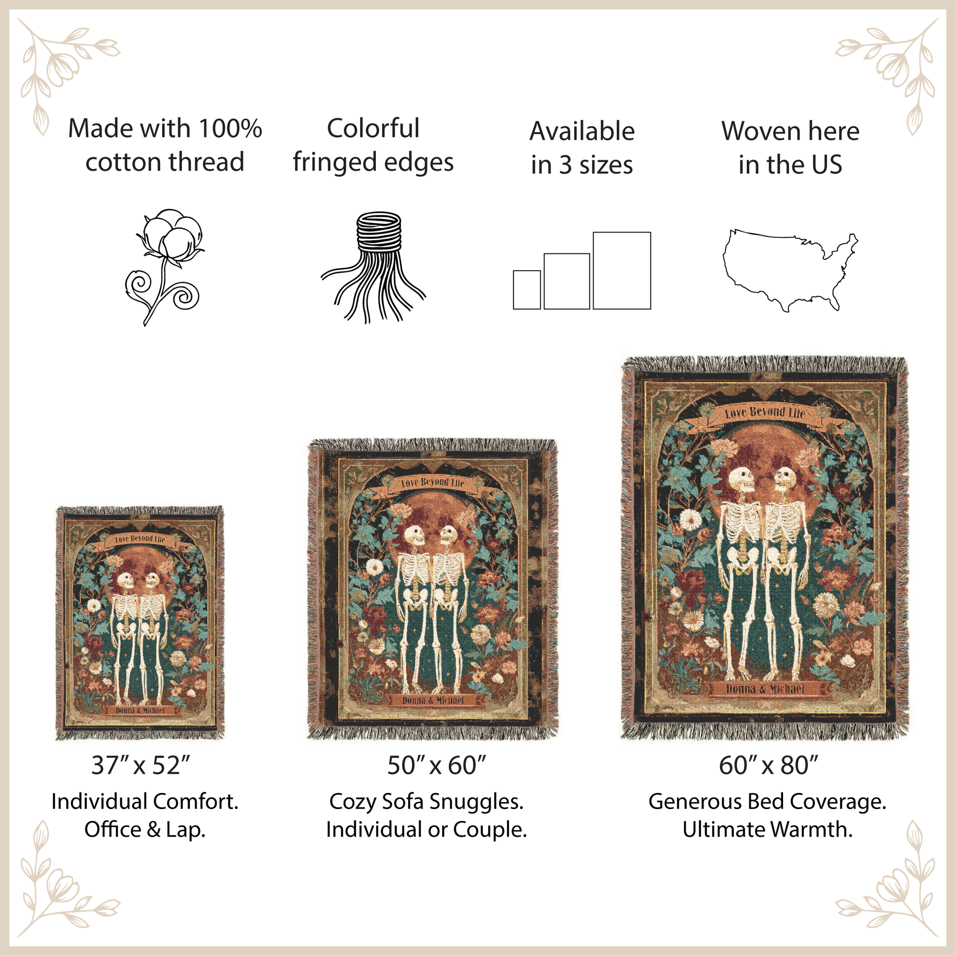 Skeletal-themed tapestries with size and material information on a beige background