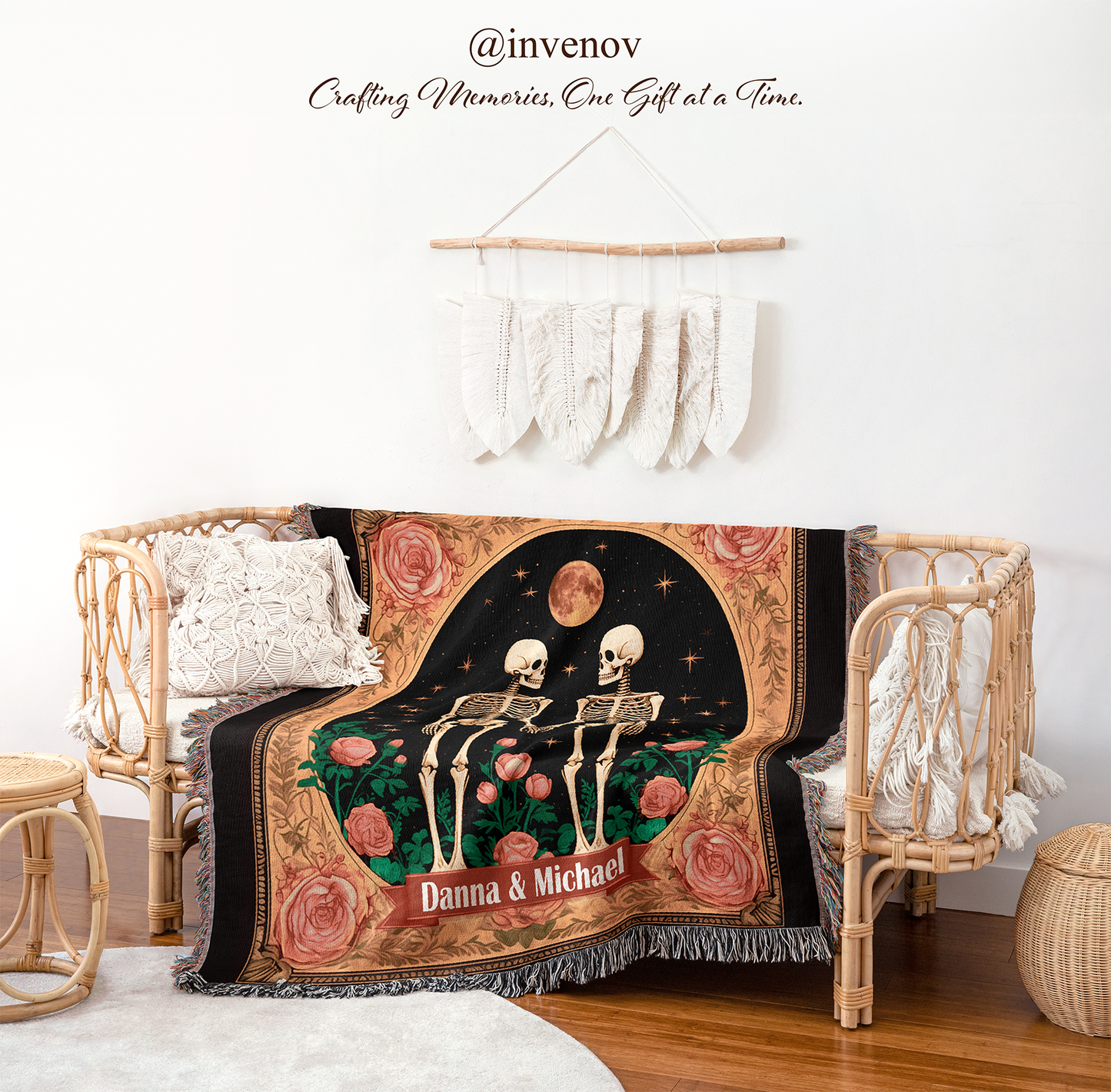 Decorative blanket with skeletons and roses design, featuring personalized name