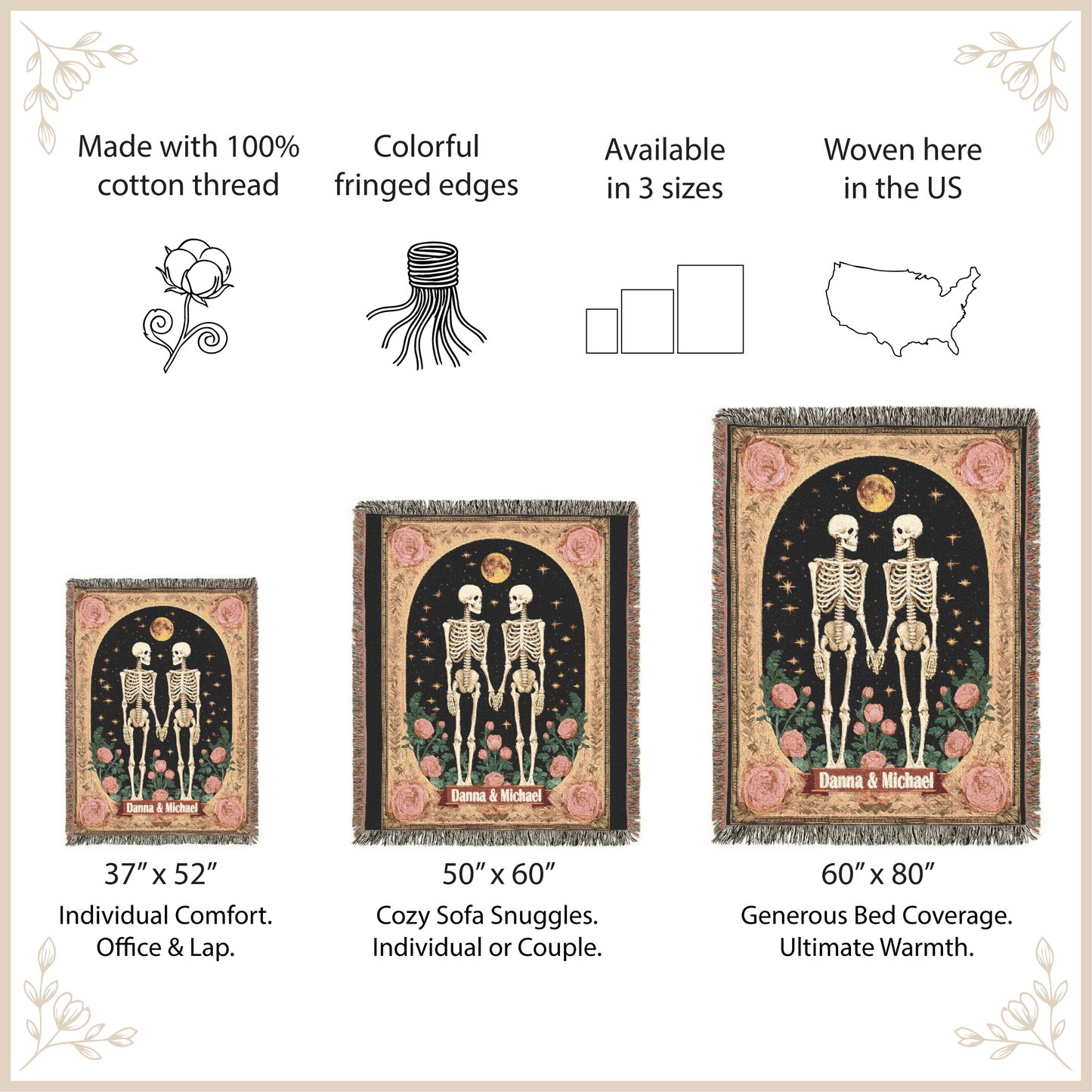 Skeletal design tapestry with size options and features listed.