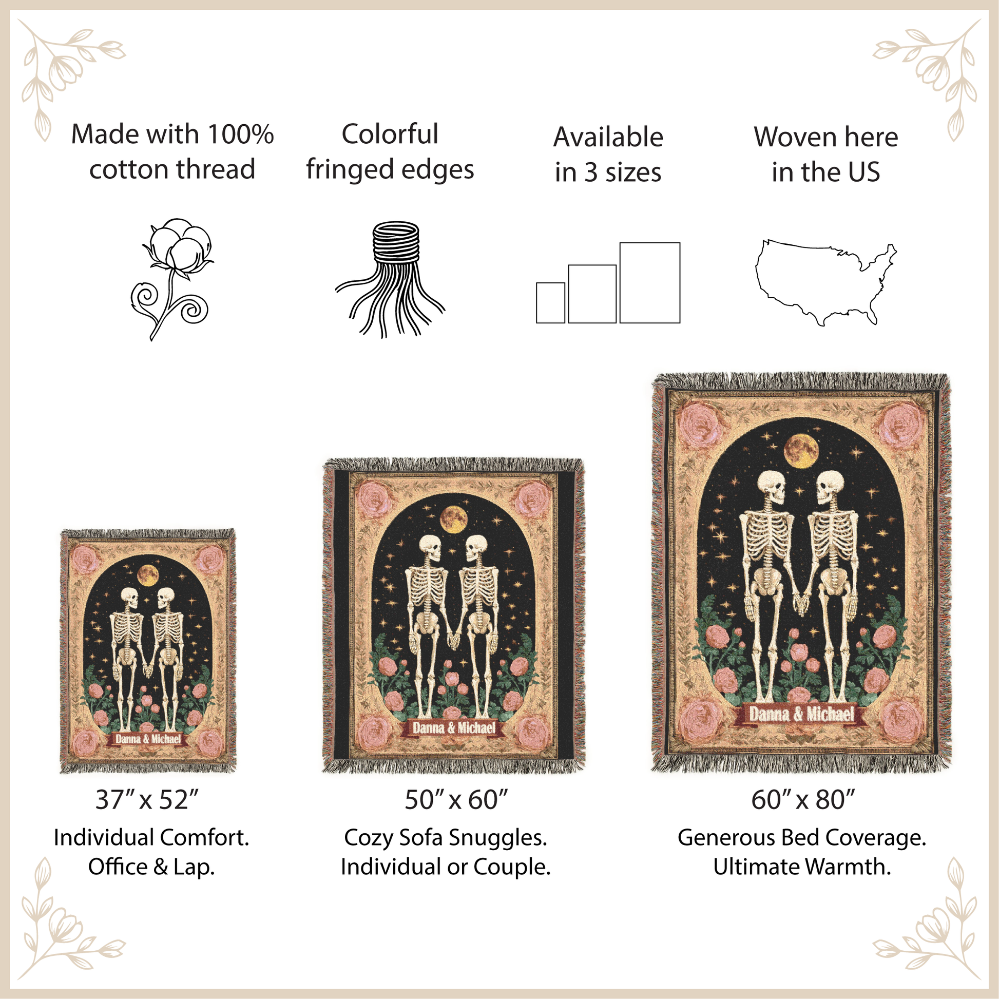 Skeletal design tapestry with size options and features listed.