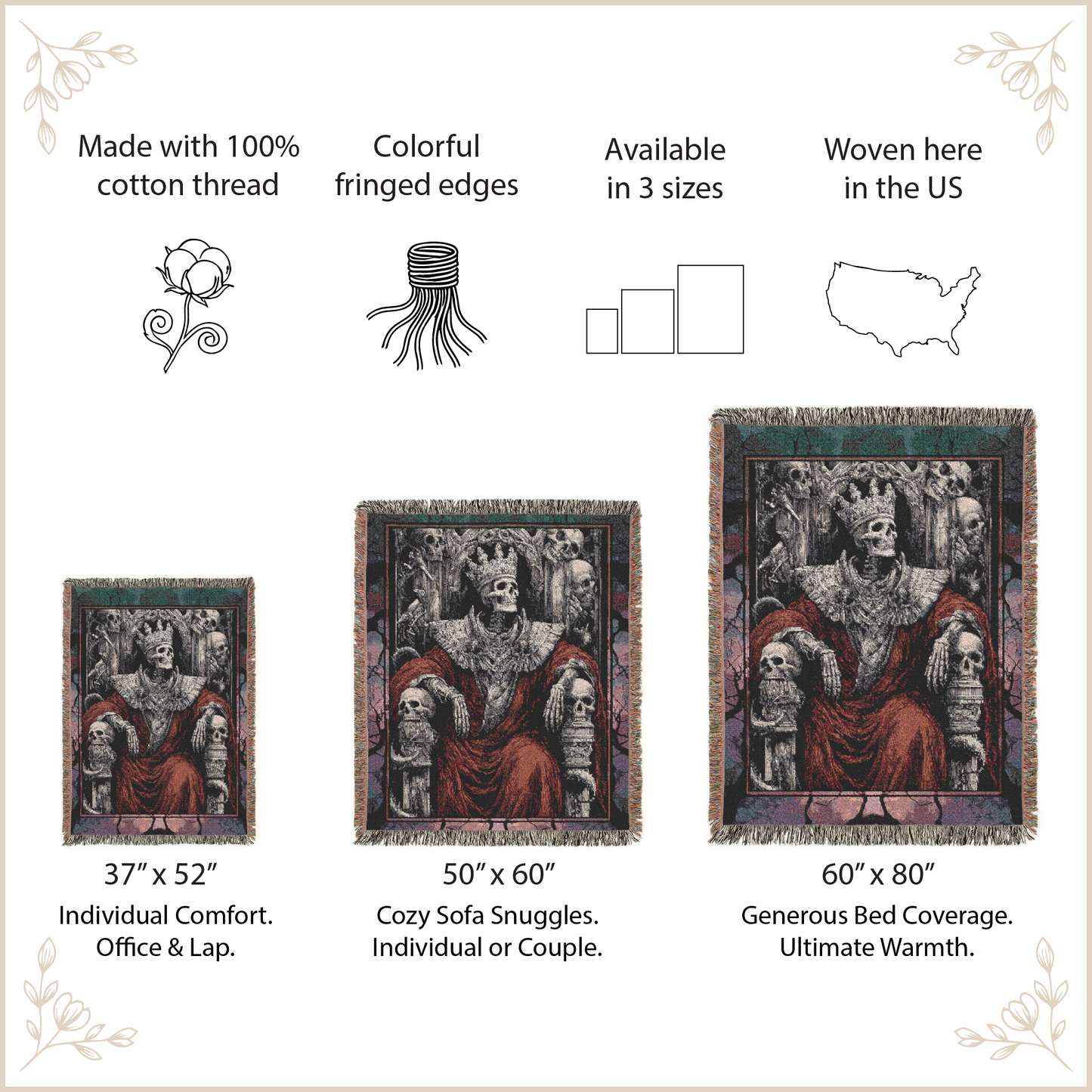 Skeleton King Woven Blanket, Gothic Macabre Skull Wall Tapestry, 100% Cotton
