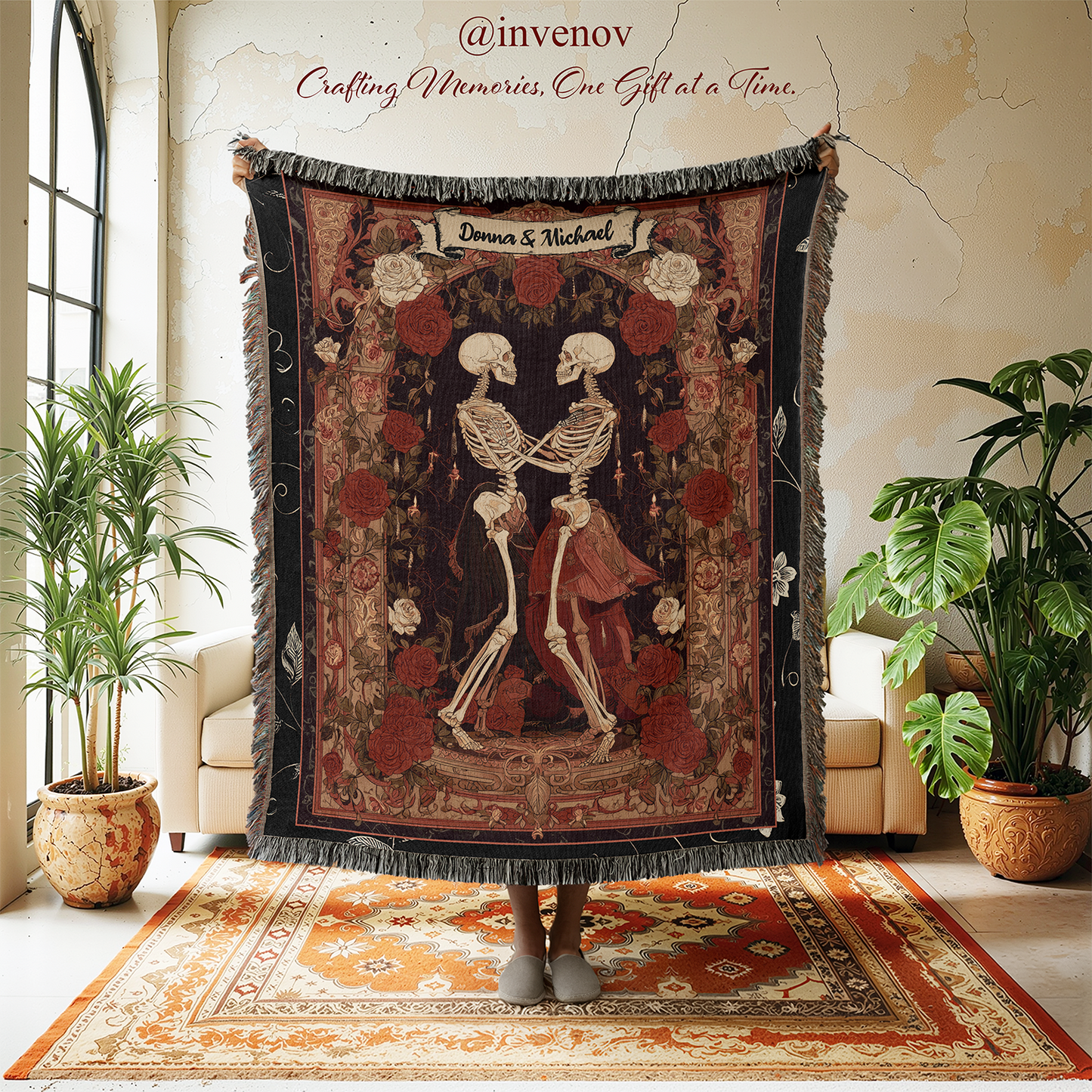 Decorative tapestry with skeletons in a romantic pose in a room with plants and furniture.