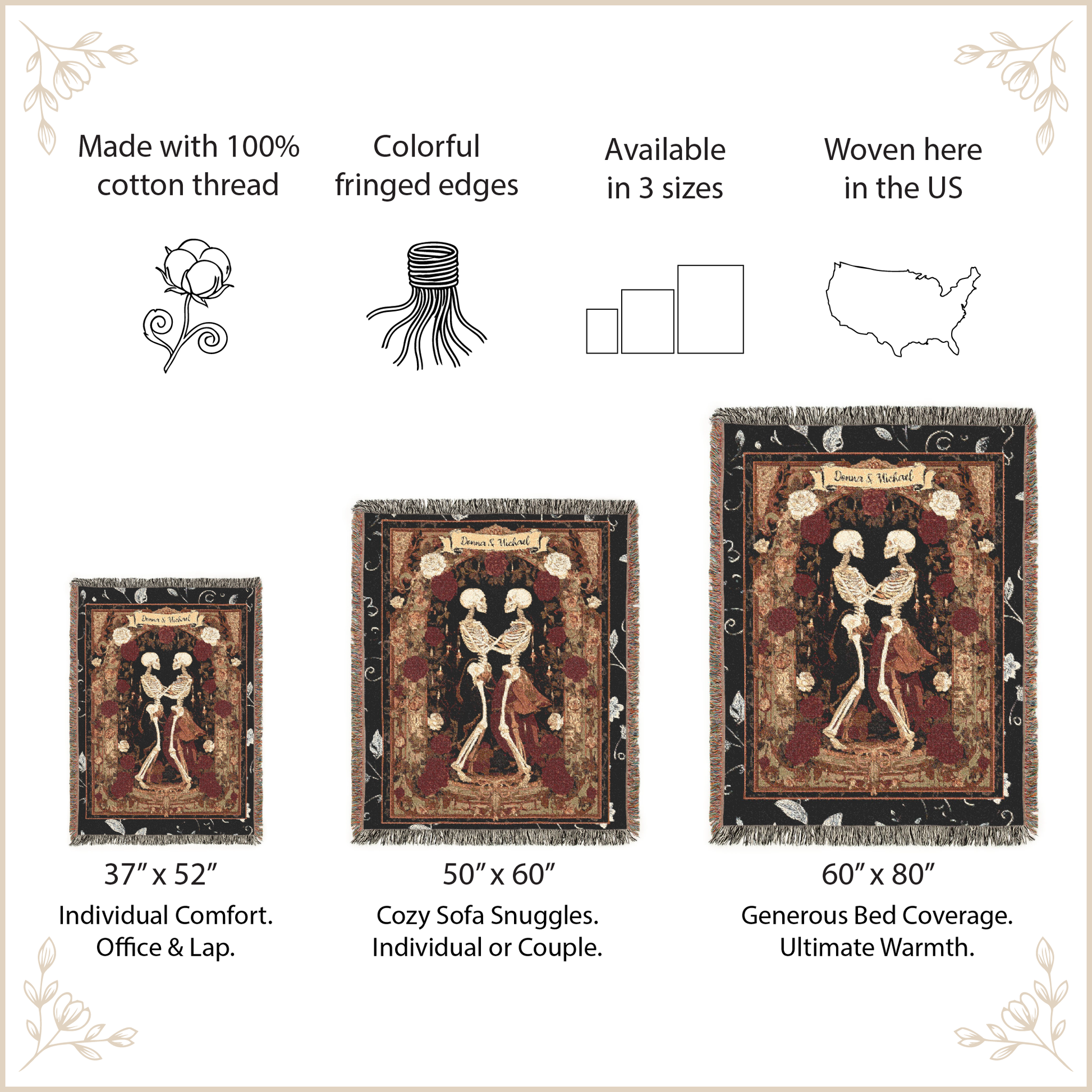 Decorative throw blankets with skeleton design, size options, and features listed.