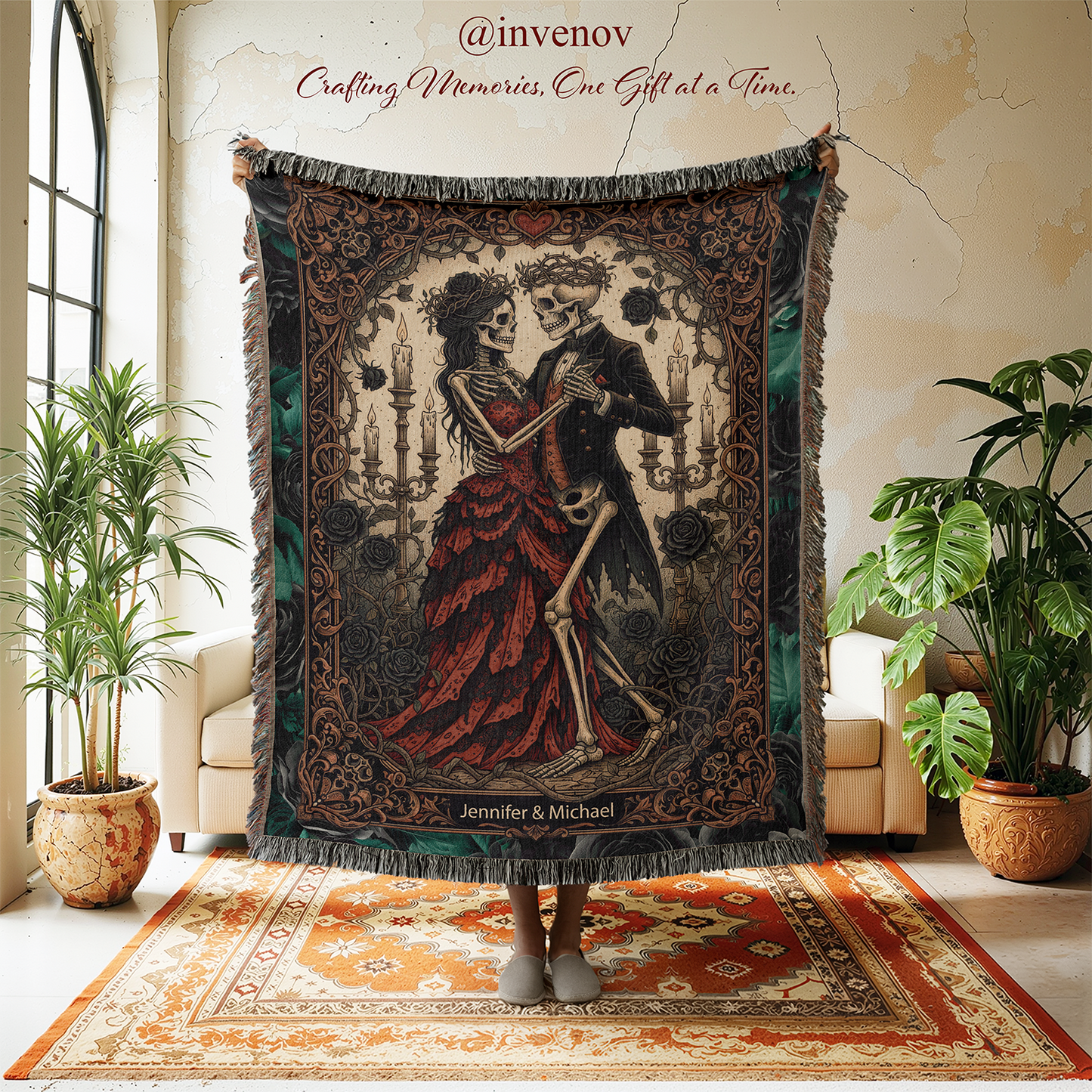 Decorative tapestry with a couple design in a room with plants and furniture.
