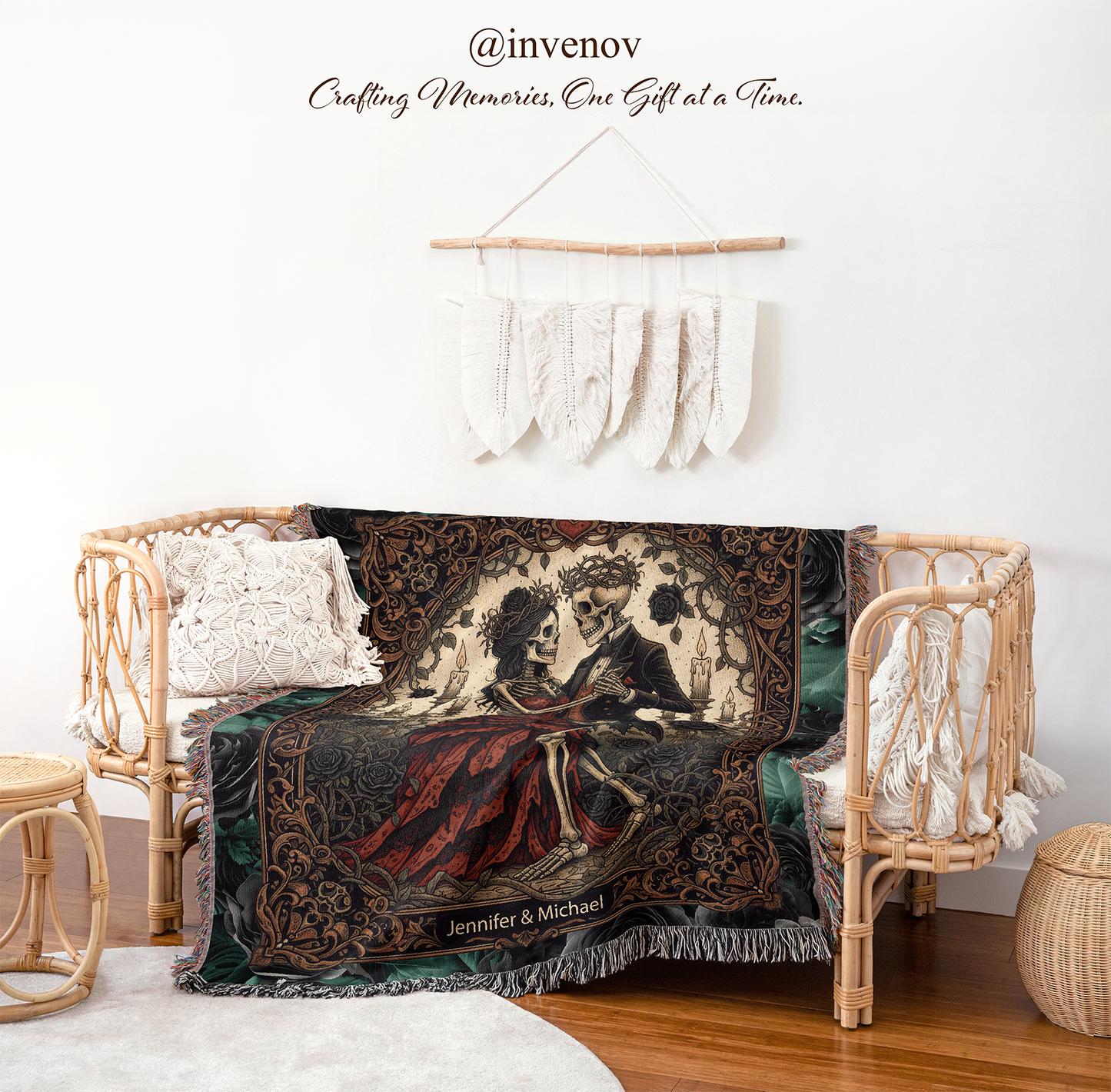 Decorative blanket with artistic design draped over a wicker chair