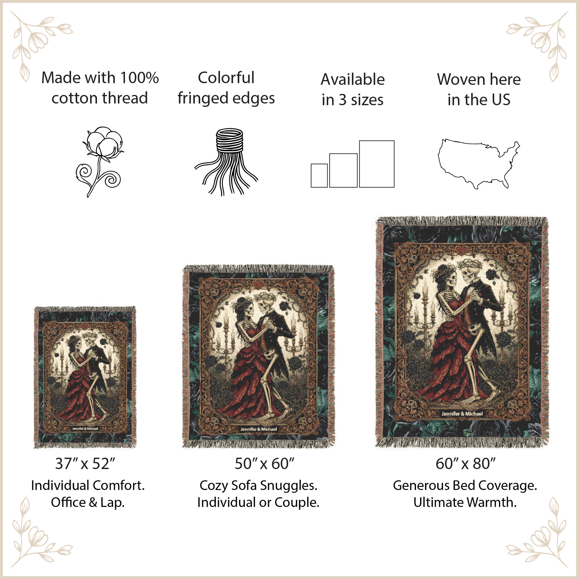 Decorative throw blanket with artistic design, size options, and features listed.
