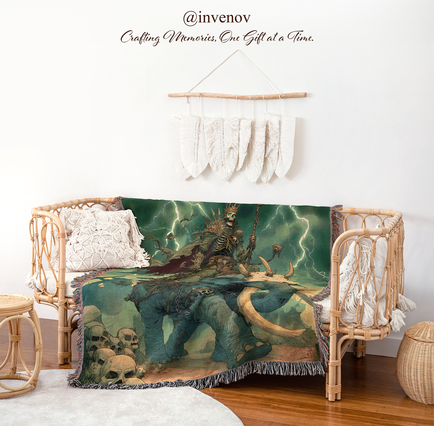 Decorative blanket with a fantasy design draped over a chair