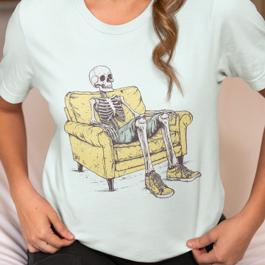 Funny Skull Shirt, Halloween Shirt, Scary Skeleton Shirt, Skeleton on Couch Shirt, Skeleton Shirt, Graphic Tee, Trick or Treat Shirt