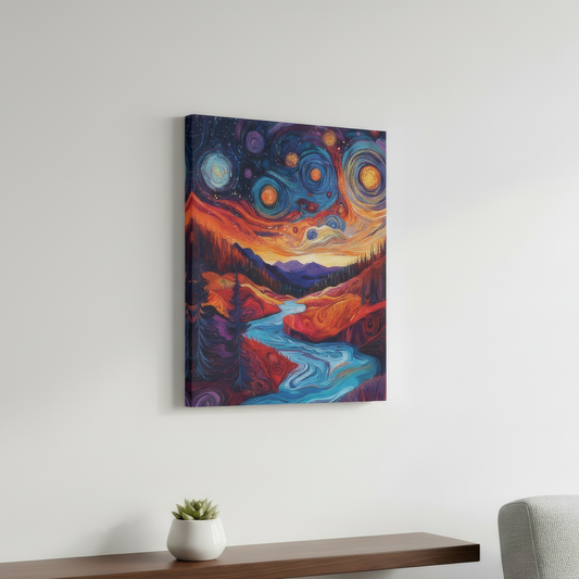 Colorful abstract painting on a white wall above a wooden shelf with a plant and gray sofa.