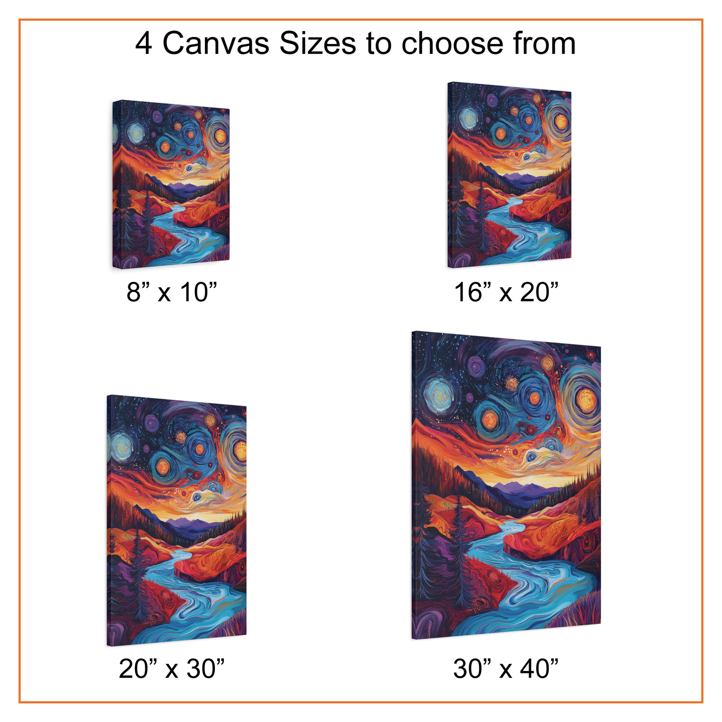 Four canvas sizes with a colorful abstract landscape painting.