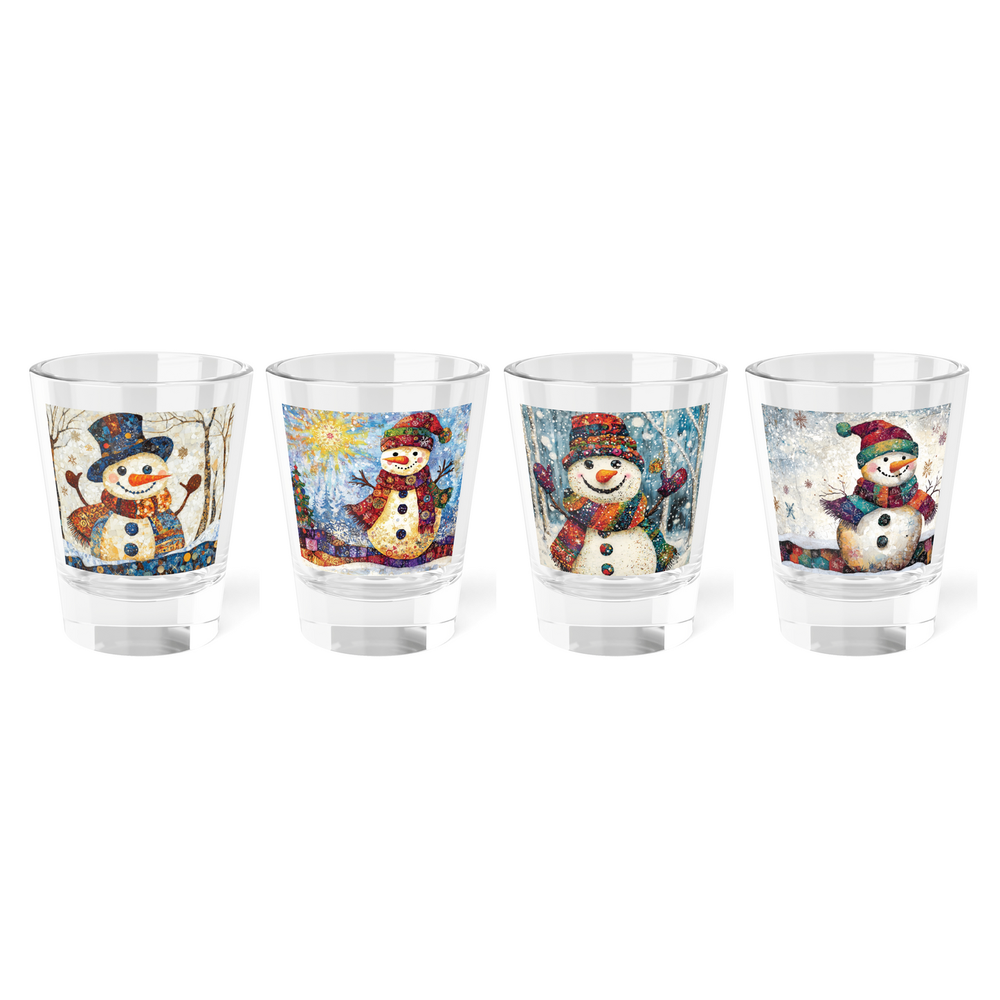 Snowman Shot Glasses, Set of 4 - Christmas Holiday Cheer Decor - Festive Winter Party Supplies, Cheerful Snowman Glassware, Christmas Gift