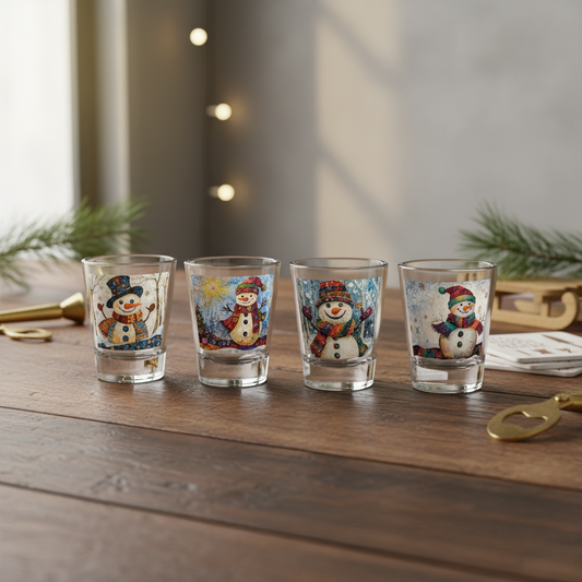 Snowman Shot Glasses, Set of 4 - Christmas Holiday Cheer Decor - Festive Winter Party Supplies, Cheerful Snowman Glassware, Christmas Gift