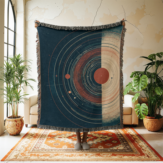 Solar System Woven Blanket Abstract Celestial Tapestry, Geometric Planet Orbit Jacquard Throw, Modern Space Art Wall Hanging, Stargazer Gift