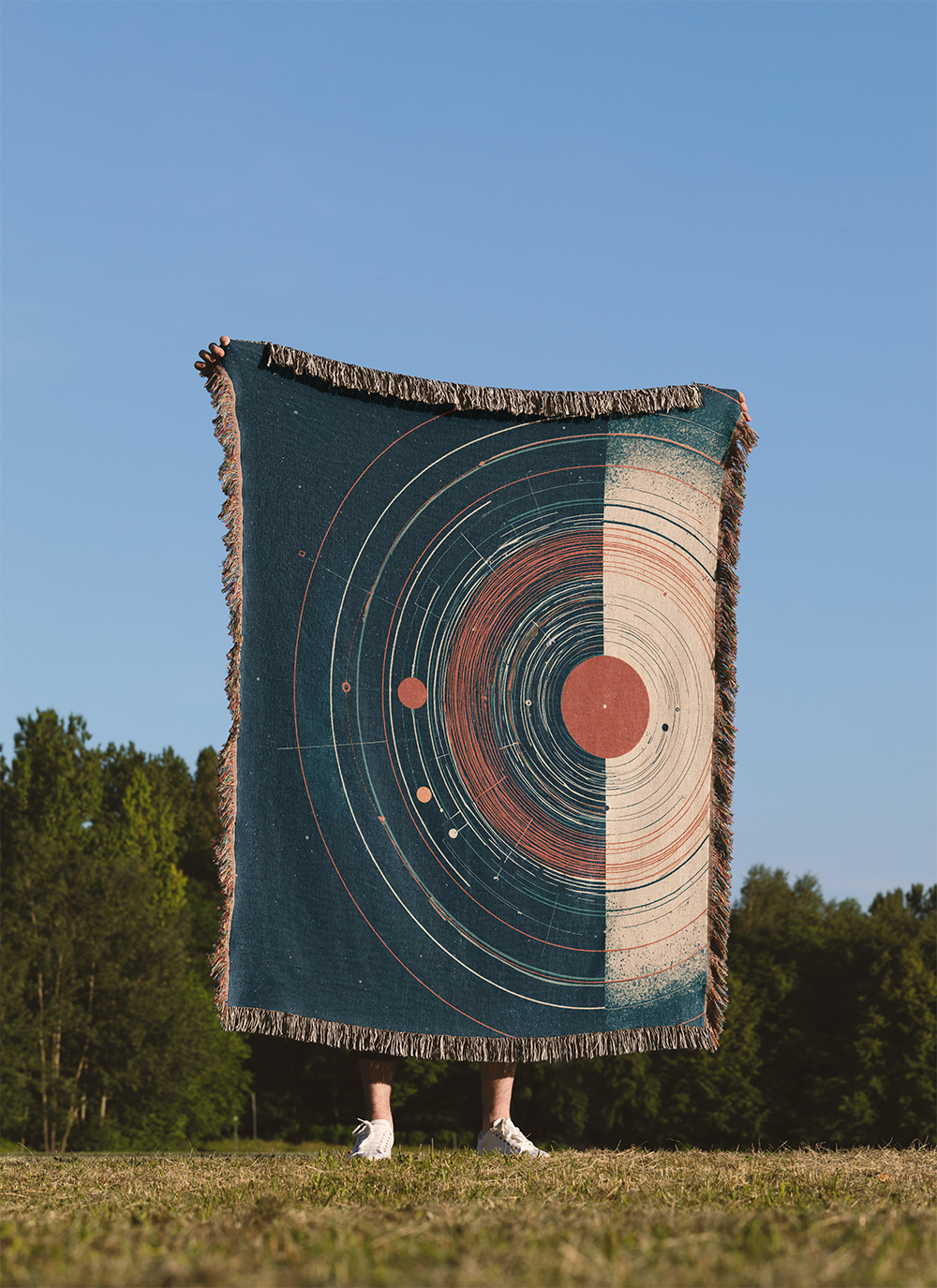 Solar System Woven Blanket Abstract Celestial Tapestry, Geometric Planet Orbit Jacquard Throw, Modern Space Art Wall Hanging, Stargazer Gift