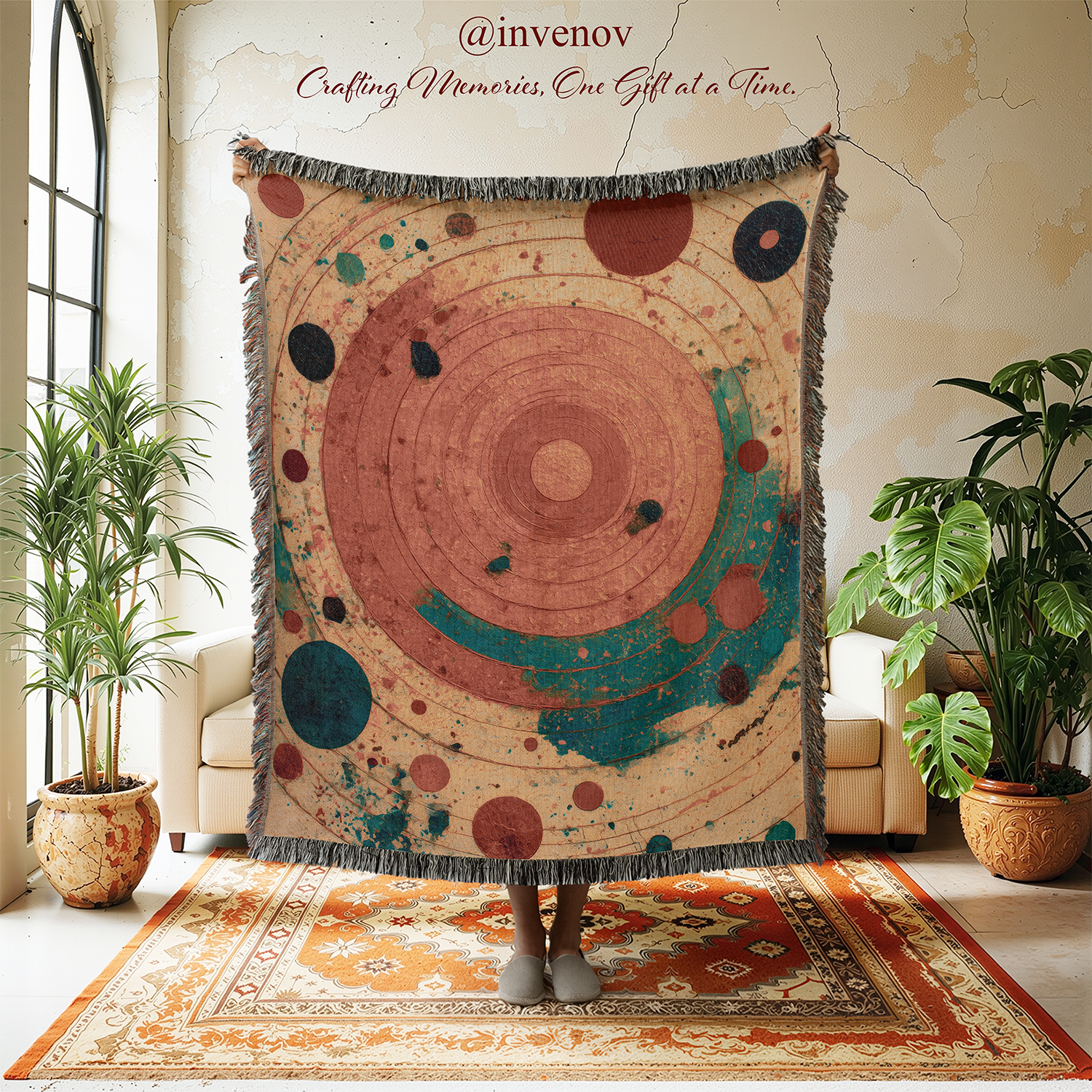 A person holds up a large woven throw blanket with fringe in a bright living room. The blanket features an abstract cosmic design with concentric circles and dots in terracotta, teal, navy, and cream.