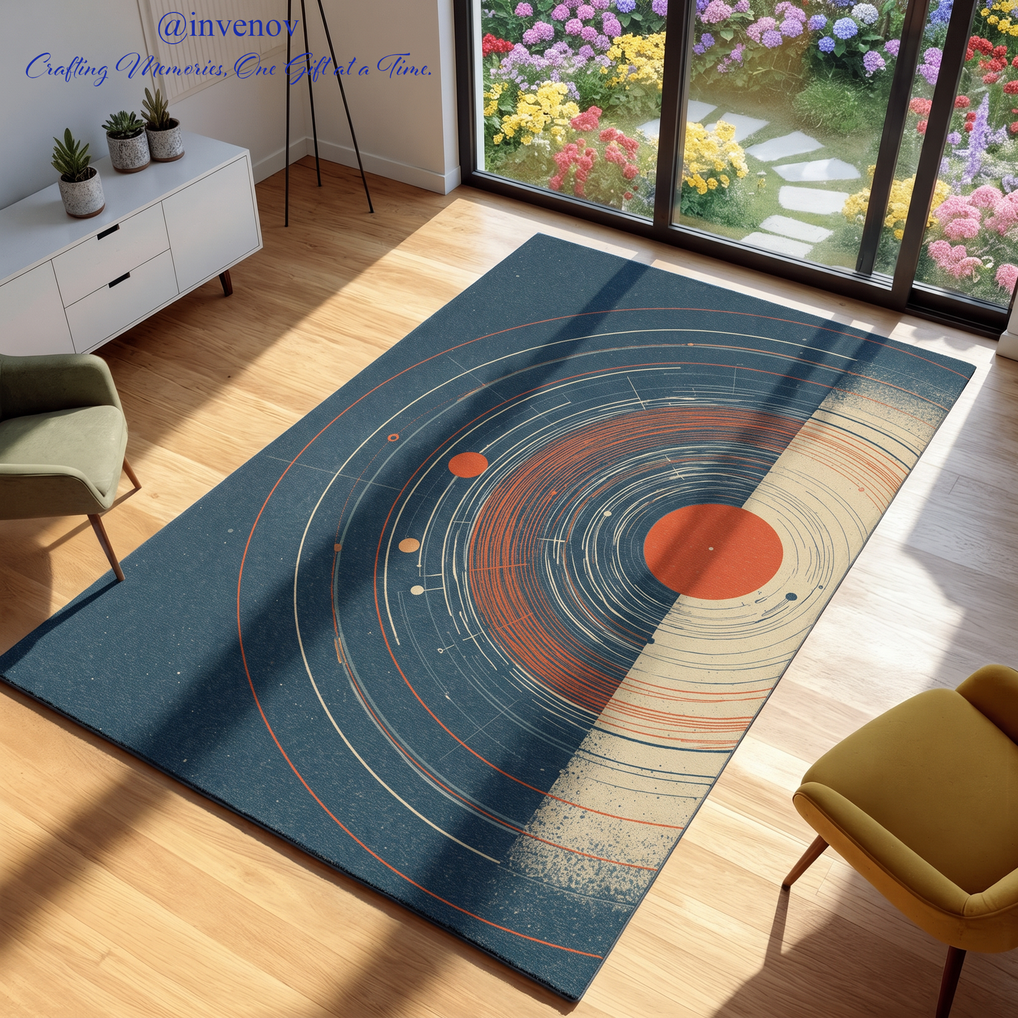 A rectangular area rug with a stylized solar system design, featuring a dark blue background with orange, red, and beige orbits and planets, shown in a modern living room setting.