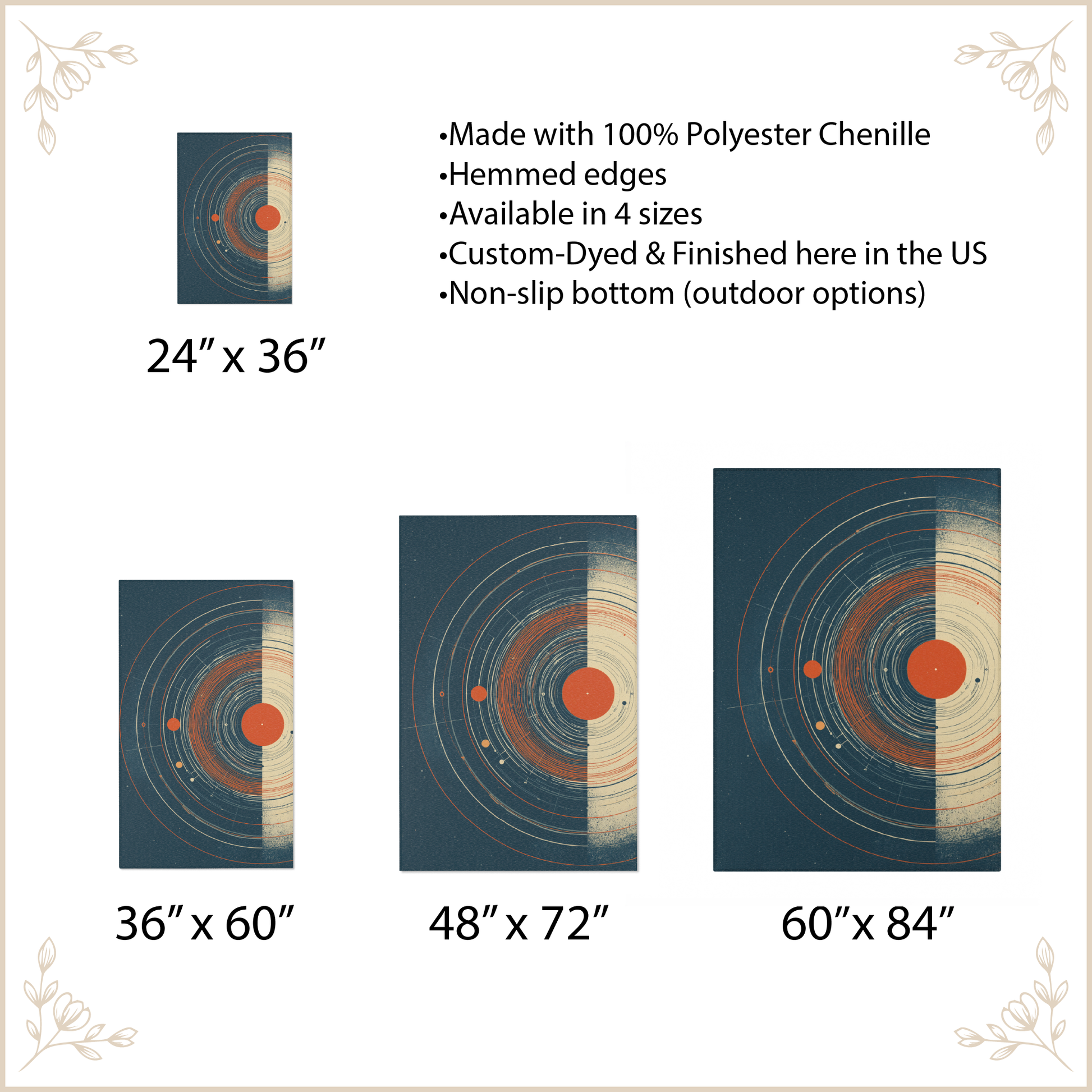 Size chart for a rectangular area rug featuring a celestial sunburst design. The graphic shows three larger size options labeled 36" x 60", 48" x 72", and 60" x 84", plus a smaller 24" x 36" option at the top left.